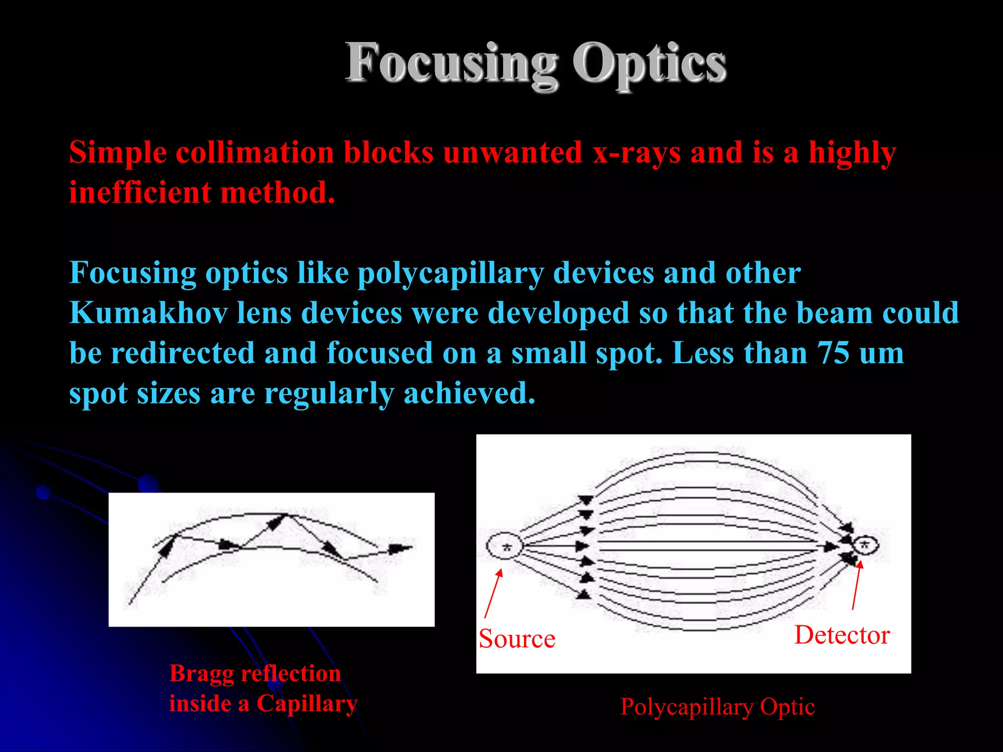 Focusing Optics
Simple collimation blocks unwanted x-rays and is a highly
inefficient method.

Focusing optics like polycapillary devices and other
Kumakhov lens devices were developed so that the beam could
be redirected and focused on a small spot. Less than 75 um
spot sizes are regularly achieved.




                            Source                   Detector
      Bragg reflection
      inside a Capillary             Polycapillary Optic
 