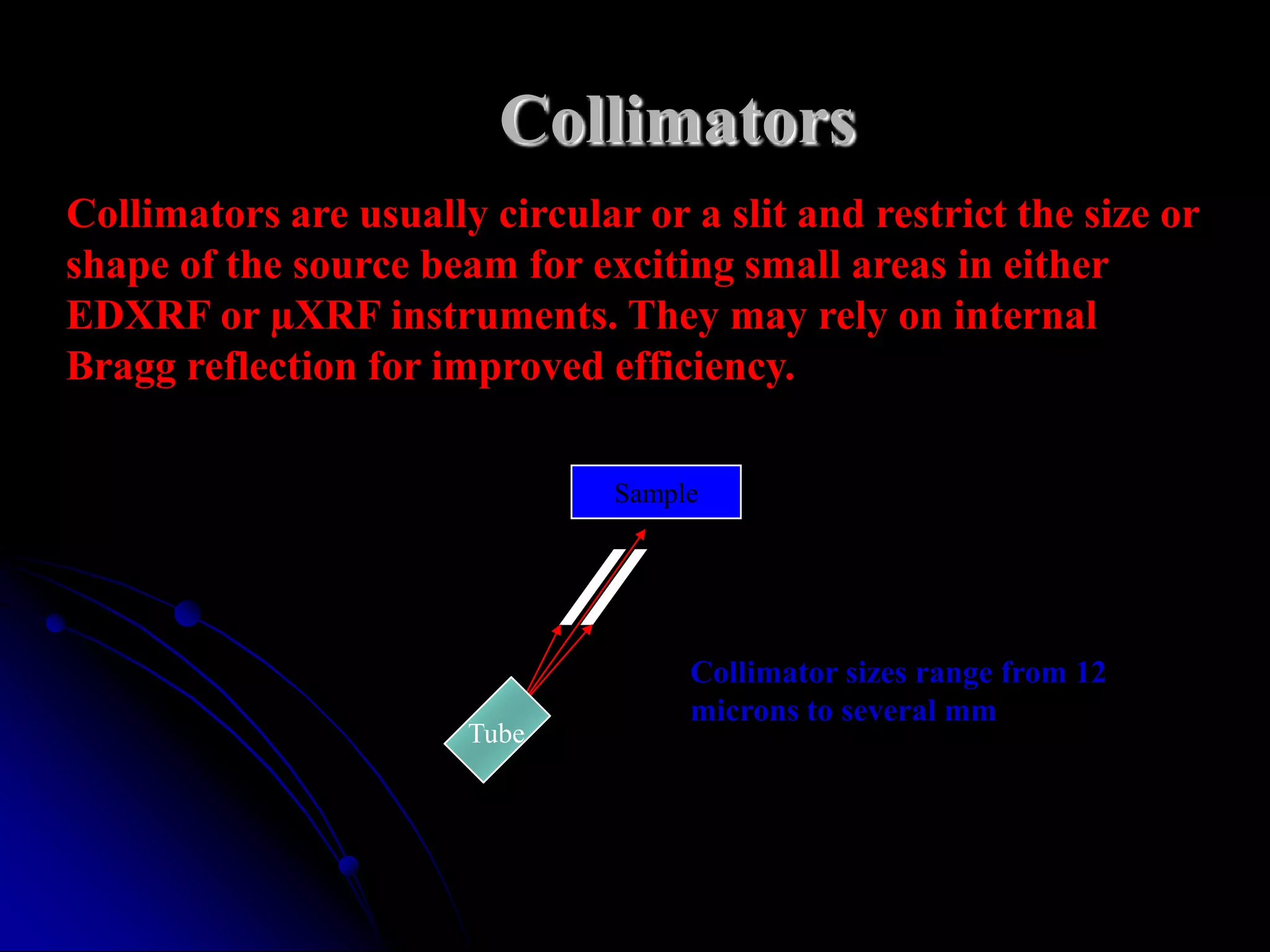 Collimators
Collimators are usually circular or a slit and restrict the size or
shape of the source beam for exciting small areas in either
EDXRF or µXRF instruments. They may rely on internal
Bragg reflection for improved efficiency.

                                Sample




                                     Collimator sizes range from 12
                                     microns to several mm
                       Tube
 