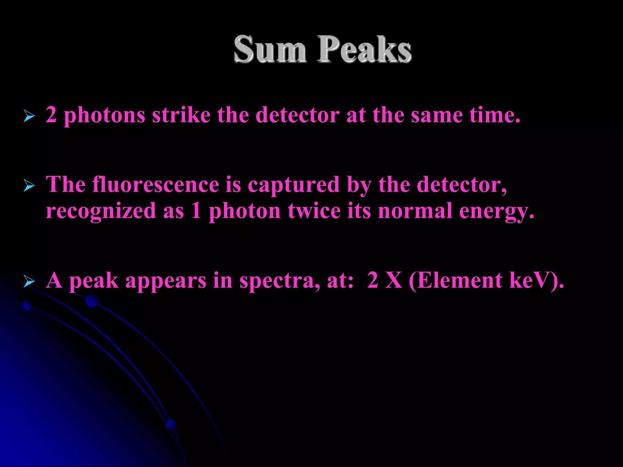 Sum Peaks
   2 photons strike the detector at the same time.

   The fluorescence is captured by the detector,
    recognized as 1 photon twice its normal energy.

   A peak appears in spectra, at: 2 X (Element keV).
 