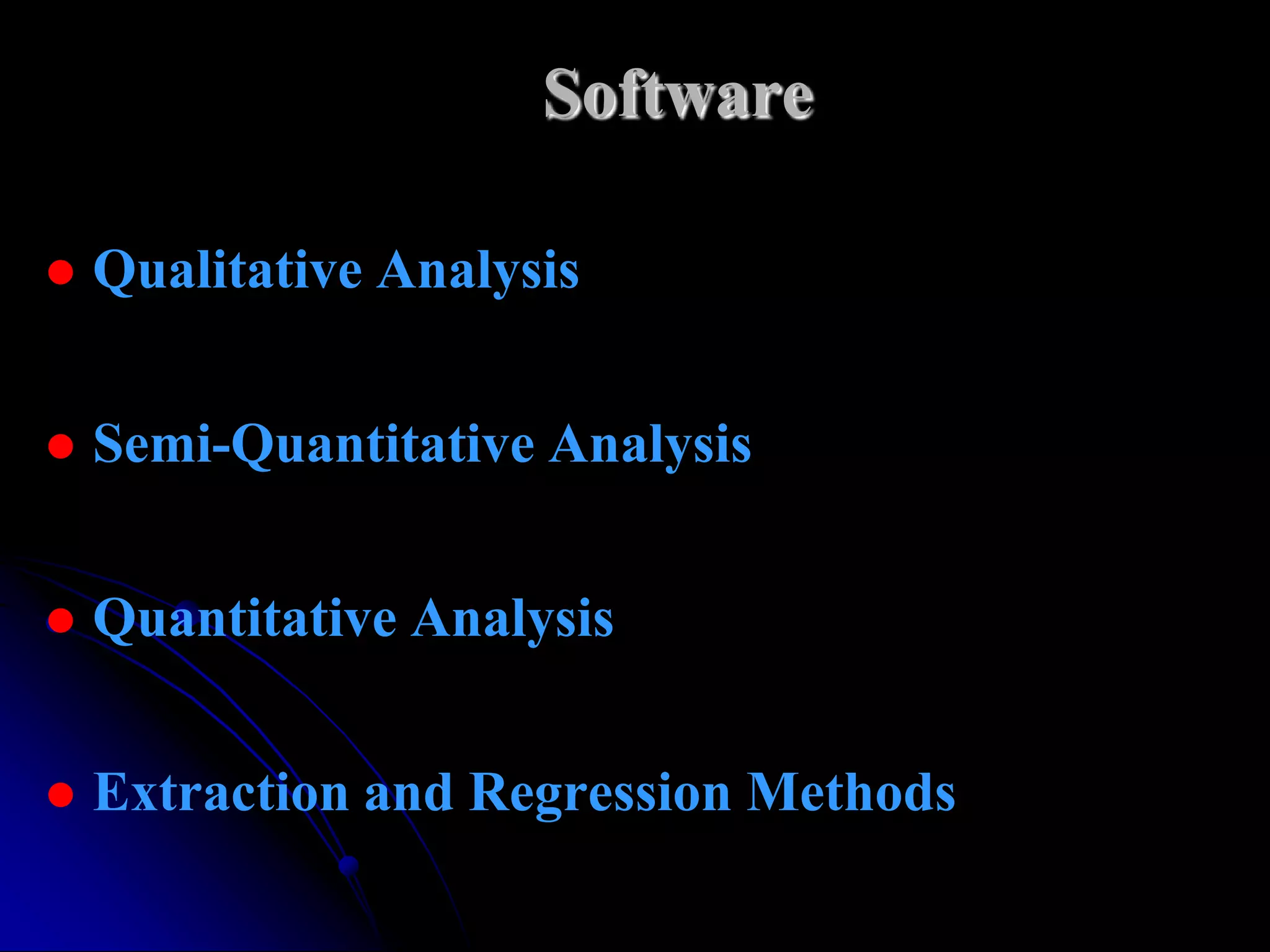 Software

   Qualitative Analysis


   Semi-Quantitative Analysis


   Quantitative Analysis


   Extraction and Regression Methods
 