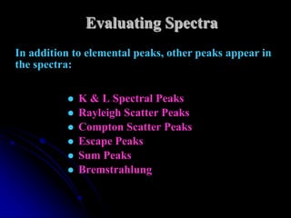 Evaluating Spectra
In addition to elemental peaks, other peaks appear in
the spectra:


             K & L Spectral Peaks
             Rayleigh Scatter Peaks
             Compton Scatter Peaks
             Escape Peaks
             Sum Peaks
             Bremstrahlung
 