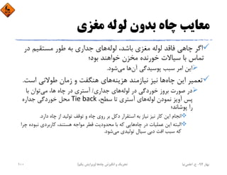 ‫ﻣﻐﺰي‬ ‫ﻟﻮﻟﻪ‬ ‫ﺑﺪون‬ ‫ﭼﺎه‬ ‫ﻣﻌﺎﻳﺐ‬
‫ﻟﻮﻟﻪ‬ ،‫ﺑﺎﺷﺪ‬ ‫ﻣﻐﺰي‬ ‫ﻟﻮﻟﻪ‬ ‫ﻓﺎﻗﺪ‬ ‫ﭼﺎﻫﻲ‬ ‫اﮔﺮ‬‫د‬ ‫ﻣﺴﺘﻘﻴﻢ‬ ‫ﻃﻮر‬ ‫ﺑﻪ‬ ‫ﺟﺪاري‬ ‫ﻫﺎي‬‫ر‬
‫ﺑﻮد؛‬ ‫ﺧﻮاﻫﻨﺪ‬ ‫ﻣﺨﺰن‬ ‫ﺧﻮرﻧﺪه‬ ‫ﺳﻴﺎﻻت‬ ‫ﺑﺎ‬ ‫ﺗﻤﺎس‬
‫آن‬ ‫ﭘﻮﺳﻴﺪﮔﻲ‬ ‫ﺳﺒﺐ‬ ‫اﻣﺮ‬ ‫اﻳﻦ‬‫ﻣﻲ‬ ‫ﻫﺎ‬‫ﺷﻮد‬.
‫ﭼﺎه‬ ‫اﻳﻦ‬ ‫ﺗﻌﻤﻴﺮ‬‫ﻫﺰﻳﻨﻪ‬ ‫ﻧﻴﺎزﻣﻨﺪ‬ ‫ﻧﻴﺰ‬ ‫ﻫﺎ‬‫اﺳ‬ ‫ﻃﻮﻻﻧﻲ‬ ‫زﻣﺎن‬ ‫و‬ ‫ﻫﻨﮕﻔﺖ‬ ‫ﻫﺎي‬‫ﺖ‬.
‫ﻟﻮﻟﻪ‬ ‫در‬ ‫ﺧﻮردﮔﻲ‬ ‫ﺑﺮوز‬ ‫ﺻﻮرت‬ ‫در‬‫ﺟﺪاري‬ ‫ﻫﺎي‬/‫ﻣﻲ‬ ،‫ﻫﺎ‬ ‫ﭼﺎه‬ ‫در‬ ‫آﺳﺘﺮي‬‫ﺑﺎ‬ ‫ﺗﻮان‬
‫ﻟﻮﻟﻪ‬ ‫ﻧﻤﻮدن‬ ‫آوﻳﺰ‬ ‫ﭘﺲ‬،‫ﺳﻄﺢ‬ ‫ﺗﺎ‬ ‫آﺳﺘﺮي‬ ‫ﻫﺎي‬Tie back‫ﺟﺪاره‬ ‫ﺧﻮردﮔﻲ‬ ‫ﻣﺤﻞ‬
‫ﭘﻮﺷﺎﻧﺪ؛‬ ‫را‬
‫دارد‬ ‫ﭼﺎه‬ ‫از‬ ‫ﺗﻮﻟﻴﺪ‬ ‫ﺗﻮﻗﻒ‬ ‫و‬ ‫ﭼﺎه‬ ‫روي‬ ‫ﺑﺮ‬ ‫دﻛﻞ‬ ‫اﺳﺘﻘﺮار‬ ‫ﺑﻪ‬ ‫ﻧﻴﺎز‬ ‫ﻧﻴﺰ‬ ‫ﻛﺎر‬ ‫اﻳﻦ‬ ‫اﻧﺠﺎم‬.
‫ﭼﺎه‬ ‫در‬ ‫ﻋﻤﻠﻴﺎت‬ ‫اﻳﻦ‬ ‫اﻟﺒﺘﻪ‬‫ﻧﺒﻮده‬ ‫ﻛﺎرﺑﺮدي‬ ،‫ﻫﺴﺘﻨﺪ‬ ‫ﻣﻮاﺟﻪ‬ ‫ﻗﻄﺮ‬ ‫ﻣﺤﺪودﻳﺖ‬ ‫ﺑﺎ‬ ‫ﻛﻪ‬ ‫ﻫﺎﻳﻲ‬‫ﭼﺮا‬
‫ﻣﻲ‬ ‫ﺗﻮﻟﻴﺪي‬ ‫ﺳﻴﺎل‬ ‫دﺑﻲ‬ ‫اﻓﺖ‬ ‫ﺳﺒﺐ‬ ‫ﻛﻪ‬‫ﺷﻮد‬.
‫ﺑﻬﺎر‬94-‫ح‬.‫اﻋﻠﻤﻲ‬‫ﻧﻴﺎ‬‫ﭼﺎه‬ ‫اﻧﮕﻴﺰش‬ ‫و‬ ‫ﺗﺤﺮﻳﻚ‬‫ﻫﺎ‬)‫ﻳﻜﻢ‬ ‫وﻳﺮاﻳﺶ‬(100
 