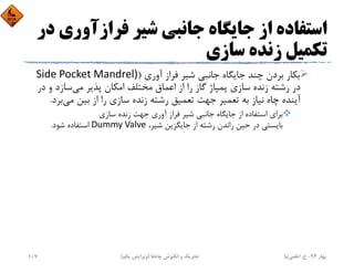 ‫ﻓﺮازآور‬ ‫ﺷﻴﺮ‬ ‫ﺟﺎﻧﺒﻲ‬ ‫ﺟﺎﻳﮕﺎه‬ ‫از‬ ‫اﺳﺘﻔﺎده‬‫در‬ ‫ي‬
‫ﺳﺎزي‬ ‫زﻧﺪه‬ ‫ﺗﻜﻤﻴﻞ‬
‫آوري‬ ‫ﻓﺮاز‬ ‫ﺷﻴﺮ‬ ‫ﺟﺎﻧﺒﻲ‬ ‫ﺟﺎﻳﮕﺎه‬ ‫ﭼﻨﺪ‬ ‫ﺑﺮدن‬ ‫ﺑﻜﺎر‬)Side Pocket Mandrel)
‫ﻣﻲ‬ ‫ﭘﺬﻳﺮ‬ ‫اﻣﻜﺎن‬ ‫ﻣﺨﺘﻠﻒ‬ ‫اﻋﻤﺎق‬ ‫از‬ ‫را‬ ‫ﮔﺎز‬ ‫ﭘﻤﭙﺎژ‬ ‫ﺳﺎزي‬ ‫زﻧﺪه‬ ‫رﺷﺘﻪ‬ ‫در‬‫در‬ ‫و‬ ‫ﺳﺎزد‬
‫ﻣﻲ‬ ‫ﺑﻴﻦ‬ ‫از‬ ‫را‬ ‫ﺳﺎزي‬ ‫زﻧﺪه‬ ‫رﺷﺘﻪ‬ ‫ﺗﻌﻤﻴﻖ‬ ‫ﺟﻬﺖ‬ ‫ﺗﻌﻤﻴﺮ‬ ‫ﺑﻪ‬ ‫ﻧﻴﺎز‬ ‫ﭼﺎه‬ ‫آﻳﻨﺪه‬‫ﺑﺮد‬.
‫ﺳﺎزي‬ ‫زﻧﺪه‬ ‫ﺟﻬﺖ‬ ‫آوري‬ ‫ﻓﺮاز‬ ‫ﺷﻴﺮ‬ ‫ﺟﺎﻧﺒﻲ‬ ‫ﺟﺎﻳﮕﺎه‬ ‫از‬ ‫اﺳﺘﻔﺎده‬ ‫ﺑﺮاي‬
،‫ﺷﻴﺮ‬ ‫ﺟﺎﻳﮕﺰﻳﻦ‬ ‫از‬ ‫رﺷﺘﻪ‬ ‫راﻧﺪن‬ ‫ﺣﻴﻦ‬ ‫در‬ ‫ﺑﺎﻳﺴﺘﻲ‬Dummy Valve‫ﺷﻮد‬ ‫اﺳﺘﻔﺎده‬.
‫ﺑﻬﺎر‬94-‫ح‬.‫اﻋﻠﻤﻲ‬‫ﻧﻴﺎ‬‫ﭼﺎه‬ ‫اﻧﮕﻴﺰش‬ ‫و‬ ‫ﺗﺤﺮﻳﻚ‬‫ﻫﺎ‬)‫ﻳﻜﻢ‬ ‫وﻳﺮاﻳﺶ‬(107
 