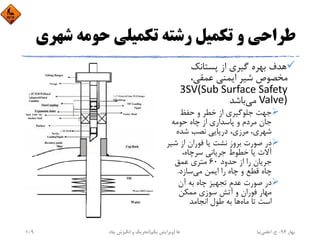 ‫ﺷ‬ ‫ﺣﻮﻣﻪ‬ ‫ﺗﻜﻤﻴﻠﻲ‬ ‫رﺷﺘﻪ‬ ‫ﺗﻜﻤﻴﻞ‬ ‫و‬ ‫ﻃﺮاﺣﻲ‬‫ﻬﺮي‬
‫ﭘﺴﺘﺎﻧﻚ‬ ‫از‬ ‫ﮔﻴﺮي‬ ‫ﺑﻬﺮه‬ ‫ﻫﺪف‬
،‫ﻋﻤﻘﻲ‬ ‫اﻳﻤﻨﻲ‬ ‫ﺷﻴﺮ‬ ‫ﻣﺨﺼﻮص‬
3SV(Sub Surface Safety 
Valve)‫ﻣﻲ‬‫ﺑﺎﺷﺪ‬
‫ﺣﻔﻆ‬ ‫و‬ ‫ﺧﻄﺮ‬ ‫از‬ ‫ﺟﻠﻮﮔﻴﺮي‬ ‫ﺟﻬﺖ‬
‫ﺣﻮﻣﻪ‬ ‫ﭼﺎه‬ ‫از‬ ‫ﭘﺎﺳﺪاري‬ ‫و‬ ‫ﻣﺮدم‬ ‫ﺟﺎن‬
‫ﺷﺪه‬ ‫ﻧﺼﺐ‬ ‫درﻳﺎﻳﻲ‬ ،‫ﻣﺮزي‬ ،‫ﺷﻬﺮي‬
‫ﺷ‬ ‫از‬ ‫ﻓﻮران‬ ‫ﻳﺎ‬ ‫ﻧﺸﺖ‬ ‫ﺑﺮوز‬ ‫ﺻﻮرت‬ ‫در‬‫ﻴﺮ‬
،‫ﺳﺮﭼﺎه‬ ‫ﺟﺮﻳﺎﻧﻲ‬ ‫ﺧﻄﻮط‬ ‫ﻳﺎ‬ ‫آﻻت‬
‫ﺣﺪود‬ ‫از‬ ‫را‬ ‫ﺟﺮﻳﺎن‬60‫ﻋﻤﻖ‬ ‫ﻣﺘﺮي‬
‫ﻣﻲ‬ ‫اﻳﻤﻦ‬ ‫را‬ ‫ﭼﺎه‬ ‫و‬ ‫ﻗﻄﻊ‬ ‫ﭼﺎه‬‫ﺳﺎزد‬.
‫آن‬ ‫ﺑﻪ‬ ‫ﭼﺎه‬ ‫ﺗﺠﻬﻴﺰ‬ ‫ﻋﺪم‬ ‫ﺻﻮرت‬ ‫در‬
‫ﻣﻤﻜﻦ‬ ‫ﺳﻮزي‬ ‫آﺗﺶ‬ ‫و‬ ‫ﻓﻮران‬ ‫ﻣﻬﺎر‬
‫ﻣﺎه‬ ‫ﺗﺎ‬ ‫اﺳﺖ‬‫اﻧﺠﺎﻣﺪ‬ ‫ﻃﻮل‬ ‫ﺑﻪ‬ ‫ﻫﺎ‬
‫ﺑﻬﺎر‬94-‫ح‬.‫اﻋﻠﻤﻲ‬‫ﻧﻴﺎ‬‫ﭼﺎه‬ ‫اﻧﮕﻴﺰش‬ ‫و‬ ‫ﺗﺤﺮﻳﻚ‬ ‫ﻫﺎ‬)‫ﻳﻜﻢ‬ ‫وﻳﺮاﻳﺶ‬(109
 