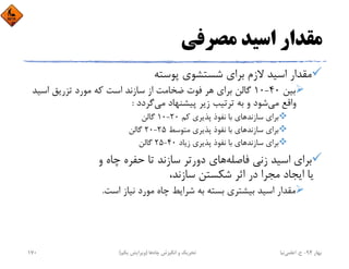 ‫ﻣﺼﺮﻓﻲ‬ ‫اﺳﻴﺪ‬ ‫ﻣﻘﺪار‬
‫ﭘﻮﺳﺘﻪ‬ ‫ﺷﺴﺘﺸﻮي‬ ‫ﺑﺮاي‬ ‫ﻻزم‬ ‫اﺳﻴﺪ‬ ‫ﻣﻘﺪار‬
‫ﺑﻴﻦ‬40-10‫اﺳﻴ‬ ‫ﺗﺰرﻳﻖ‬ ‫ﻣﻮرد‬ ‫ﻛﻪ‬ ‫اﺳﺖ‬ ‫ﺳﺎزﻧﺪ‬ ‫از‬ ‫ﺿﺨﺎﻣﺖ‬ ‫ﻓﻮت‬ ‫ﻫﺮ‬ ‫ﺑﺮاي‬ ‫ﮔﺎﻟﻦ‬‫ﺪ‬
‫ﻣﻲ‬ ‫واﻗﻊ‬‫ﻣﻲ‬ ‫ﭘﻴﺸﻨﻬﺎد‬ ‫زﻳﺮ‬ ‫ﺗﺮﺗﻴﺐ‬ ‫ﺑﻪ‬ ‫و‬ ‫ﺷﻮد‬‫ﮔﺮدد‬:
‫ﻛﻢ‬ ‫ﭘﺬﻳﺮي‬ ‫ﻧﻔﻮذ‬ ‫ﺑﺎ‬ ‫ﺳﺎزﻧﺪﻫﺎي‬ ‫ﺑﺮاي‬20-10‫ﮔﺎﻟﻦ‬
‫ﻣﺘﻮﺳﻂ‬ ‫ﭘﺬﻳﺮي‬ ‫ﻧﻔﻮذ‬ ‫ﺑﺎ‬ ‫ﺳﺎزﻧﺪﻫﺎي‬ ‫ﺑﺮاي‬25-20‫ﮔﺎﻟﻦ‬
‫زﻳﺎد‬ ‫ﭘﺬﻳﺮي‬ ‫ﻧﻔﻮذ‬ ‫ﺑﺎ‬ ‫ﺳﺎزﻧﺪﻫﺎي‬ ‫ﺑﺮاي‬40-25‫ﮔﺎﻟﻦ‬
‫ﻓﺎﺻﻠﻪ‬ ‫زﻧﻲ‬ ‫اﺳﻴﺪ‬ ‫ﺑﺮاي‬‫و‬ ‫ﭼﺎه‬ ‫ﺣﻔﺮه‬ ‫ﺗﺎ‬ ‫ﺳﺎزﻧﺪ‬ ‫دورﺗﺮ‬ ‫ﻫﺎي‬
،‫ﺳﺎزﻧﺪ‬ ‫ﺷﻜﺴﺘﻦ‬ ‫اﺛﺮ‬ ‫در‬ ‫ﻣﺠﺮا‬ ‫اﻳﺠﺎد‬ ‫ﻳﺎ‬
‫اﺳﺖ‬ ‫ﻧﻴﺎز‬ ‫ﻣﻮرد‬ ‫ﭼﺎه‬ ‫ﺷﺮاﻳﻂ‬ ‫ﺑﻪ‬ ‫ﺑﺴﺘﻪ‬ ‫ﺑﻴﺸﺘﺮي‬ ‫اﺳﻴﺪ‬ ‫ﻣﻘﺪار‬.
‫ﺑﻬﺎر‬94-‫ح‬.‫اﻋﻠﻤﻲ‬‫ﻧﻴﺎ‬‫ﭼﺎه‬ ‫اﻧﮕﻴﺰش‬ ‫و‬ ‫ﺗﺤﺮﻳﻚ‬‫ﻫﺎ‬)‫ﻳﻜﻢ‬ ‫وﻳﺮاﻳﺶ‬(170
 