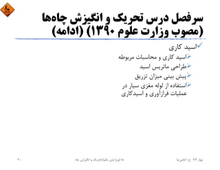 ‫ﭼﺎه‬ ‫اﻧﮕﻴﺰش‬ ‫و‬ ‫ﺗﺤﺮﻳﻚ‬ ‫درس‬ ‫ﺳﺮﻓﺼﻞ‬‫ﻫﺎ‬
)‫ﻋﻠﻮم‬ ‫وزارت‬ ‫ﻣﺼﻮب‬1390) (‫اداﻣﻪ‬(
‫ﻛﺎري‬ ‫اﺳﻴﺪ‬
‫ﻣﺮﺑﻮﻃﻪ‬ ‫ﻣﺤﺎﺳﺒﺎت‬ ‫و‬ ‫ﻛﺎري‬ ‫اﺳﻴﺪ‬
‫اﺳﻴﺪ‬ ‫ﻣﺎﺗﺮﻳﺲ‬ ‫ﻃﺮاﺣﻲ‬
‫ﺗﺰرﻳﻖ‬ ‫ﻣﻴﺰان‬ ‫ﺑﻴﻨﻲ‬ ‫ﭘﻴﺶ‬
‫در‬ ‫ﺳﻴﺎر‬ ‫ﻣﻐﺰي‬ ‫ﻟﻮﻟﻪ‬ ‫از‬ ‫اﺳﺘﻔﺎده‬
‫اﺳﻴﺪﻛﺎري‬ ‫و‬ ‫ﻓﺮازآوري‬ ‫ﻋﻤﻠﻴﺎت‬
‫ﺑﻬﺎر‬94-‫ح‬.‫اﻋﻠﻤﻲ‬‫ﻧﻴﺎ‬‫ﭼﺎه‬ ‫اﻧﮕﻴﺰش‬ ‫و‬ ‫ﺗﺤﺮﻳﻚ‬ ‫ﻫﺎ‬)‫ﻳﻜﻢ‬ ‫وﻳﺮاﻳﺶ‬(20
 