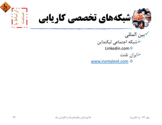 ‫ﺷﺒﻜﻪ‬‫ﻛﺎرﻳ‬ ‫ﺗﺨﺼﺼﻲ‬ ‫ﻫﺎي‬‫ﺎﺑﻲ‬
‫اﻟﻤﻠﻠﻲ‬ ‫ﺑﻴﻦ‬
‫ﻟﻴﻜﻨﺪاﻳﻦ‬ ‫اﺟﺘﻤﺎﻋﻲ‬ ‫ﺷﺒﻜﻪ‬
Linkedin.com
‫ﺗﻠﻨﺖ‬ ‫اﻳﺮان‬
www.irantalent.com
‫ﺑﻬﺎر‬94-‫ح‬.‫اﻋﻠﻤﻲ‬‫ﻧﻴﺎ‬‫ﭼﺎه‬ ‫اﻧﮕﻴﺰش‬ ‫و‬ ‫ﺗﺤﺮﻳﻚ‬ ‫ﻫﺎ‬)‫ﻳﻜﻢ‬ ‫وﻳﺮاﻳﺶ‬(33
 