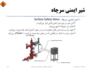 ‫ﺳﺮﭼﺎه‬ ‫اﻳﻤﻨﻲ‬ ‫ﺷﻴﺮ‬
‫ﺳﺮﭼﺎه‬ ‫اﻳﻤﻨﻲ‬ ‫ﺷﻴﺮ‬Surface Safety Valve: 
‫ﻣﻲ‬ ‫ﻗﺮار‬ ‫ﺑﺎﻻﻳﻲ‬ ‫اﺻﻠﻲ‬ ‫ﺷﻴﺮ‬ ‫روي‬ ‫ﺑﺮ‬ ‫ﺷﻴﺮ‬ ‫اﻳﻦ‬‫و‬ ‫ﮔﻴﺮد‬
‫ﻣﻌﻤﻮﻻ‬ ‫آن‬ ‫اﻧﺪازه‬6‫ﻣﻲ‬ ‫اﻳﻨﭻ‬‫ﺑﺎﺷﺪ‬.
‫ﻣﻲ‬ ‫ﺻﻮرت‬ ‫ﭼﺎه‬ ‫ﻓﺸﺎر‬ ‫ﻛﻨﺘﺮل‬ ‫ﺟﻬﺖ‬ ‫در‬ ‫و‬ ‫اﺳﺖ‬ ‫ﺗﻨﻈﻴﻢ‬ ‫ﻗﺎﺑﻞ‬ ‫ﺷﺪن‬ ‫ﺑﺴﺘﻪ‬ ‫و‬ ‫ﺑﺎز‬ ‫ﺟﻬﺖ‬‫ﮔ‬‫ﻴﺮد‬.
‫ﻣﻲ‬ ‫ﺗﻌﺒﻴﻪ‬ ‫ﭼﺎه‬ ‫ﻣﺠﺎور‬ ‫در‬ ‫ﻛﻪ‬ ‫دﺳﺘﮕﺎﻫﻲ‬ ‫ﻛﻤﻚ‬ ‫ﺑﻪ‬ ‫ﺟﺪﻳﺪ‬ ‫ﻣﺪل‬‫ﺑﺎ‬ ‫ﮔﺮدد‬Panel ‫ﻣﻲ‬ ‫ﻛﺎر‬‫ﻛﻨﺪ‬.
‫ﺑﻬﺎر‬94-‫ح‬.‫اﻋﻠﻤﻲ‬‫ﻧﻴﺎ‬‫ﭼﺎه‬ ‫اﻧﮕﻴﺰش‬ ‫و‬ ‫ﺗﺤﺮﻳﻚ‬‫ﻫﺎ‬)‫ﻳﻜﻢ‬ ‫وﻳﺮاﻳﺶ‬(51
 