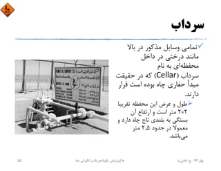 ‫ﺳﺮداب‬
‫ﺑﺎﻻ‬ ‫در‬ ‫ﻣﺬﻛﻮر‬ ‫وﺳﺎﻳﻞ‬ ‫ﺗﻤﺎﻣﻲ‬
‫داﺧﻞ‬ ‫در‬ ‫درﺧﺘﻲ‬ ‫ﻣﺎﻧﻨﺪ‬
‫ﻣﺤﻔﻈﻪ‬‫ﺑ‬ ‫اي‬‫ﻪ‬‫ﻧﺎم‬
‫ﺳﺮداب‬		)Cellar(‫ﺣﻘﻴﻘﺖ‬ ‫در‬ ‫ﻛﻪ‬
‫ﻗﺮار‬ ‫اﺳﺖ‬ ‫ﺑﻮده‬ ‫ﭼﺎه‬ ‫ﺣﻔﺎري‬ ‫ﻣﺒﺪأ‬
‫دارﻧﺪ‬.
‫ﺗﻘﺮﻳﺒ‬ ‫ﻣﺤﻔﻈﻪ‬ ‫اﻳﻦ‬ ‫ﻋﺮض‬ ‫و‬ ‫ﻃﻮل‬‫ﺎ‬
2×2‫آن‬ ‫ارﺗﻔﺎع‬ ‫و‬ ‫اﺳﺖ‬ ‫ﻣﺘﺮ‬
‫دا‬ ‫ﭼﺎه‬ ‫ﺗﺎج‬ ‫ﺑﻠﻨﺪي‬ ‫ﺑﻪ‬ ‫ﺑﺴﺘﮕﻲ‬‫و‬ ‫رد‬
‫ﺣﺪود‬ ‫در‬ ‫ﻣﻌﻤﻮﻻ‬2,5‫ﻣﺘﺮ‬
‫ﺑﺎﺷﺪ‬‫ﻣﻲ‬.
‫ﺑﻬﺎر‬94-‫ح‬.‫اﻋﻠﻤﻲ‬‫ﻧﻴﺎ‬‫ﭼﺎه‬ ‫اﻧﮕﻴﺰش‬ ‫و‬ ‫ﺗﺤﺮﻳﻚ‬ ‫ﻫﺎ‬)‫ﻳﻜﻢ‬ ‫وﻳﺮاﻳﺶ‬(55
 