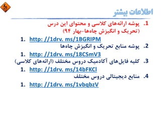 1.‫اراﺋﻪ‬ ‫ﭘﻮﺷﻪ‬‫درس‬ ‫اﻳﻦ‬ ‫ﻣﺤﺘﻮاي‬ ‫و‬ ‫ﻛﻼﺳﻲ‬ ‫ﻫﺎي‬
)‫ﭼﺎه‬ ‫اﻧﮕﻴﺰش‬ ‫و‬ ‫ﺗﺤﺮﻳﻚ‬‫ﻫﺎ‬-‫ﺑﻬﺎر‬94(
1. http: //1drv. ms/1BGRIPM
2.‫ﭼﺎه‬ ‫اﻧﮕﻴﺰش‬ ‫و‬ ‫ﺗﺤﺮﻳﻚ‬ ‫ﻣﻨﺎﺑﻊ‬ ‫ﭘﻮﺷﻪ‬‫ﻫﺎ‬
1. http: //1drv. ms/18CSmV3
3.‫ﻓﺎﻳﻞ‬ ‫ﻛﻠﻴﻪ‬‫ﻣﺨﺘﻠﻒ‬ ‫دروس‬ ‫آﻛﺎدﻣﻴﻚ‬ ‫ﻫﺎي‬)‫اراﺋﻪ‬‫ﻛﻼﺳ‬ ‫ﻫﺎي‬‫ﻲ‬(
1. http: //1drv. ms/14bFKCl
4.‫ﻣﺨﺘﻠﻒ‬ ‫دروس‬ ‫دﻳﺠﻴﺘﺎﻟﻲ‬ ‫ﻣﻨﺎﺑﻊ‬
1. http: //1drv. ms/1vbqbzV
 