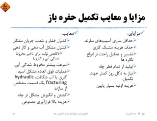 ‫ﺑﺎز‬ ‫ﺣﻔﺮه‬ ‫ﺗﻜﻤﻴﻞ‬ ‫ﻣﻌﺎﻳﺐ‬ ‫و‬ ‫ﻣﺰاﻳﺎ‬
‫ﻣﺰاﻳﺎي‬:
‫آﺳﻴﺐ‬ ‫ﺳﺎزي‬ ‫ﺣﺪاﻗﻞ‬‫ﺳﺎزﻧﺪ‬ ‫ﻫﺎي‬.
‫ﻛﺎري‬ ‫ﻣﺸﺒﻚ‬ ‫ﻫﺰﻳﻨﻪ‬ ‫ﺣﺬف‬
‫اﻧﻮاع‬ ‫ﺗﺮ‬ ‫راﺣﺖ‬ ‫ﺗﺤﻠﻴﻞ‬ ‫و‬ ‫ﺗﻔﺴﻴﺮ‬
‫ﻫﺎ‬ ‫ﻧﮕﺎره‬
‫ﭼﺎه‬ ‫ﻗﻄﺮ‬ ‫ﺗﻤﺎم‬ ‫از‬ ‫ﺗﻮﻟﻴﺪ‬
‫ﺟﻬﺖ‬ ‫ﻛﻤﺘﺮ‬ ‫روز‬ ‫دﻛﻞ‬ ‫ﺑﻪ‬ ‫ﻧﻴﺎز‬
‫ﺗﻜﻤﻴﻞ‬.
‫ﭘﺎﻳﻴﻦ‬ ‫ﺑﺴﻴﺎر‬ ‫اوﻟﻴﻪ‬ ‫ﻫﺰﻳﻨﻪ‬
‫ﻣﻌﺎﻳﺐ‬:
‫ﻣﺸﻜ‬ ‫ﺟﺮﻳﺎن‬ ‫ﺷﺪت‬ ‫و‬ ‫ﻓﺸﺎر‬ ‫ﻛﻨﺘﺮل‬‫ﻞ‬
‫دﻫﻲ‬ ‫ﮔﺎز‬ ‫و‬ ‫دﻫﻲ‬ ‫آب‬ ‫ﻣﺸﻜﻞ‬ ‫ﻛﻨﺘﺮل‬
)‫ﻣﺨﺮوط‬ ‫ﺗﺎﺧﻴﺮ‬ ‫ﺑﺮاي‬ ‫ﺗﻮﻟﻴﺪ‬ ‫ﻛﺎﻫﺶ‬
‫ﮔﺎزي‬ ‫و‬ ‫آﺑﻲ‬ ‫ﺷﺪﮔﻲ‬(
‫آﺑ‬ ‫ﺷﺪﮔﻲ‬ ‫ﻣﺨﺮوط‬ ‫ﺑﻴﺸﺘﺮ‬ ‫ﺳﺮﻋﺖ‬‫ﻲ‬.
‫اﺳﻴﺪ‬ ‫ﻣﺸﻜﻞ‬ ‫اﻟﻌﺎده‬ ‫ﻓﻮق‬ ‫ﻋﻤﻠﻴﺎت‬
،‫ﺷﻜﺎﻓﺖ‬ ‫آب‬ ‫ﻳﺎ‬ ‫ﻛﺎري‬hydraulic 
fracturing‫ﻣﺸﺨﺺ‬ ‫ﻗﺴﻤﺖ‬ ‫ﻳﻚ‬
‫ﺳﺎزﻧﺪ‬ ‫از‬
‫ﭼﺎ‬ ‫ﺗﺮ‬ ‫ﻣﺸﻜﻞ‬ ‫اﻧﮕﻴﺰش‬ ‫و‬ ‫ﻛﺸﺘﻦ‬‫ه‬.
‫ﻣﺼﻨﻮﻋﻲ‬ ‫ﻓﺮازآوري‬ ‫ﺑﺎﻻ‬ ‫ﻫﺰﻳﻨﻪ‬
‫ﺑﻬﺎر‬94-‫ح‬.‫اﻋﻠﻤﻲ‬‫ﻧﻴﺎ‬‫ﭼﺎه‬ ‫اﻧﮕﻴﺰش‬ ‫و‬ ‫ﺗﺤﺮﻳﻚ‬ ‫ﻫﺎ‬)‫ﻳﻜﻢ‬ ‫وﻳﺮاﻳﺶ‬(80
 