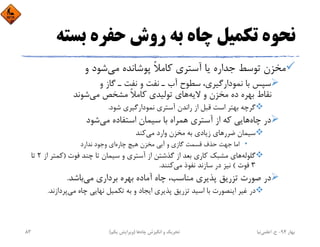 ‫ﺑﺴﺘ‬ ‫ﺣﻔﺮه‬ ‫روش‬ ‫ﺑﻪ‬ ‫ﭼﺎه‬ ‫ﺗﻜﻤﻴﻞ‬ ‫ﻧﺤﻮه‬‫ﻪ‬
‫ﻣﻲ‬ ‫ﭘﻮﺷﺎﻧﺪه‬ ً‫ﻼ‬‫ﻛﺎﻣ‬ ‫آﺳﺘﺮي‬ ‫ﻳﺎ‬ ‫ﺟﺪاره‬ ‫ﺗﻮﺳﻂ‬ ‫ﻣﺨﺰن‬‫و‬ ‫ﺷﻮد‬
،‫ﻧﻤﻮدارﮔﻴﺮي‬ ‫ﺑﺎ‬ ‫ﺳﭙﺲ‬‫و‬ ‫ﮔﺎز‬ ‫ـ‬ ‫ﻧﻔﺖ‬ ‫و‬ ‫ﻧﻔﺖ‬ ‫ـ‬ ‫آب‬ ‫ﺳﻄﻮح‬
‫ﻻﻳﻪ‬ ‫و‬ ‫ﻣﺨﺰن‬ ‫ده‬ ‫ﺑﻬﺮه‬ ‫ﻧﻘﺎط‬‫ﻣﻲ‬ ‫ﻣﺸﺨﺺ‬ ً‫ﻼ‬‫ﻛﺎﻣ‬ ‫ﺗﻮﻟﻴﺪي‬ ‫ﻫﺎي‬‫ﺷﻮﻧﺪ‬
‫ﺷﻮد‬ ‫ﻧﻤﻮدارﮔﻴﺮي‬ ‫آﺳﺘﺮي‬ ‫راﻧﺪن‬ ‫از‬ ‫ﻗﺒﻞ‬ ‫اﺳﺖ‬ ‫ﺑﻬﺘﺮ‬ ‫ﮔﺮﭼﻪ‬.
‫ﭼﺎه‬ ‫در‬‫ﻣﻲ‬ ‫اﺳﺘﻔﺎده‬ ‫ﺳﻴﻤﺎن‬ ‫ﺑﺎ‬ ‫ﻫﻤﺮاه‬ ‫آﺳﺘﺮي‬ ‫از‬ ‫ﻛﻪ‬ ‫ﻫﺎﻳﻲ‬‫ﺷﻮد‬
‫ﻣﻲ‬ ‫وارد‬ ‫ﻣﺨﺰن‬ ‫ﺑﻪ‬ ‫زﻳﺎدي‬ ‫ﺿﺮرﻫﺎي‬ ‫ﺳﻴﻤﺎن‬‫ﻛﻨﺪ‬
•‫ﭼﺎره‬ ‫ﻫﻴﭻ‬ ‫ﻣﺨﺰن‬ ‫آﺑﻲ‬ ‫و‬ ‫ﮔﺎزي‬ ‫ﻗﺴﻤﺖ‬ ‫ﺣﺬف‬ ‫ﺟﻬﺖ‬ ‫اﻣﺎ‬‫ﻧﺪارد‬ ‫وﺟﻮد‬ ‫اي‬
‫ﮔﻠﻮﻟﻪ‬‫ﻓﻮت‬ ‫ﭼﻨﺪ‬ ‫ﺗﺎ‬ ‫ﺳﻴﻤﺎن‬ ‫و‬ ‫آﺳﺘﺮي‬ ‫از‬ ‫ﮔﺬﺷﺘﻦ‬ ‫از‬ ‫ﺑﻌﺪ‬ ‫ﻛﺎري‬ ‫ﻣﺸﺒﻚ‬ ‫ﻫﺎي‬)‫از‬ ‫ﻛﻤﺘﺮ‬2‫ﺗﺎ‬
3‫ﻓﻮت‬(‫ﻣﻲ‬ ‫ﻧﻔﻮذ‬ ‫ﺳﺎزﻧﺪ‬ ‫در‬ ‫ﻧﻴﺰ‬‫ﻛﻨﻨﺪ‬.
‫ﻣﻲ‬ ‫ﺑﺮداري‬ ‫ﺑﻬﺮه‬ ‫آﻣﺎده‬ ‫ﭼﺎه‬ ،‫ﻣﻨﺎﺳﺐ‬ ‫ﭘﺬﻳﺮي‬ ‫ﺗﺰرﻳﻖ‬ ‫ﺻﻮرت‬ ‫در‬‫ﺑﺎﺷﺪ‬.
‫ﻣﻲ‬ ‫ﭼﺎه‬ ‫ﻧﻬﺎﻳﻲ‬ ‫ﺗﻜﻤﻴﻞ‬ ‫ﺑﻪ‬ ‫و‬ ‫اﻳﺠﺎد‬ ‫ﭘﺬﻳﺮي‬ ‫ﺗﺰرﻳﻖ‬ ‫اﺳﻴﺪ‬ ‫ﺑﺎ‬ ‫اﻳﻨﺼﻮرت‬ ‫ﻏﻴﺮ‬ ‫در‬‫ﭘﺮدازﻧ‬‫ﺪ‬.
‫ﺑﻬﺎر‬94-‫ح‬.‫اﻋﻠﻤﻲ‬‫ﻧﻴﺎ‬‫ﭼﺎه‬ ‫اﻧﮕﻴﺰش‬ ‫و‬ ‫ﺗﺤﺮﻳﻚ‬‫ﻫﺎ‬)‫ﻳﻜﻢ‬ ‫وﻳﺮاﻳﺶ‬(83
 