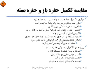 ‫ﺑﺴ‬ ‫ﺣﻔﺮه‬ ‫و‬ ‫ﺑﺎز‬ ‫ﺣﻔﺮه‬ ‫ﺗﻜﻤﻴﻞ‬ ‫ﻣﻘﺎﻳﺴﻪ‬‫ﺘﻪ‬
‫ﺑﺎز‬ ‫ﺣﻔﺮه‬ ‫ﺑﻪ‬ ‫ﻧﺴﺒﺖ‬ ‫ﭼﺎه‬ ‫ﺑﺴﺘﻪ‬ ‫ﺣﻔﺮه‬ ‫ﺗﻜﻤﻴﻞ‬ ‫ﻣﺰاﻳﺎي‬:
‫ﻛﻤﺘﺮ‬ ‫ﺗﻌﻤﻴﺮ‬ ‫ﺑﻪ‬ ‫ﻧﻴﺎز‬ ‫و‬ ‫ﺑﺮاﺑﺮ‬ ‫ﺷﺮاﻳﻂ‬ ‫در‬ ‫ﺑﻴﺸﺘﺮ‬ ‫ﻋﻤﺮ‬ ‫ﻃﻮل‬
‫ﮔﺎزي‬ ‫و‬ ‫آﺑﻲ‬ ‫ﺷﺪﮔﻲ‬ ‫ﻣﺨﺮوط‬ ‫در‬ ‫ﺗﺎﺧﻴﺮ‬
‫آﺑﻲ‬ ‫و‬ ‫ﮔﺎزي‬ ‫ﺷﺪﮔﻲ‬ ‫ﻣﺨﺮوط‬ ‫وﻗﻮع‬ ‫ﺻﻮرت‬ ‫در‬ ‫ﭼﺎه‬ ‫ﺗﺮ‬ ‫راﺣﺖ‬ ‫ﺗﻌﻤﻴﺮ‬
‫ﭼﺎه‬ ‫از‬ ‫ﻗﺴﻤﺘﻲ‬ ‫ﺗﺮ‬ ‫آﺳﺎن‬ ‫اﻧﮕﻴﺰش‬
‫روش‬ ‫از‬ ‫اﺳﺘﻔﺎده‬ ‫اﻣﻜﺎن‬‫ﻟﻮﻟﻪ‬ ‫ﺑﺎ‬ ‫ﭼﺎه‬ ‫ﺗﻜﻤﻴﻞ‬ ‫ﻣﺨﺘﻠﻒ‬ ‫ﻫﺎي‬‫ﻣﻐﺰي‬ ‫ﻫﺎي‬
‫دارد‬ ‫ﺑﺎﻻﻳﻲ‬ ‫ﺗﻮﻟﻴﺪ‬ ‫ﺗﻮاﻧﺎﻳﻲ‬ ‫ﻛﻪ‬ ‫ﻻﻳﻪ‬ ‫از‬ ‫ﻗﺴﻤﺘﻲ‬ ‫اﻧﺘﺨﺎب‬ ‫اﻣﻜﺎن‬
‫دارﻧﺪ‬ ‫ﻛﻤﺘﺮي‬ ‫دﻫﻲ‬ ‫ﺑﻬﺮه‬ ‫ﻛﻪ‬ ‫ﻫﺎﻳﻲ‬ ‫ﻻﻳﻪ‬ ‫ﺣﺬف‬.
‫ﺑﺴﺘﻪ‬ ‫ﺣﻔﺮه‬ ‫روش‬ ‫ﺑﻪ‬ ‫ﺗﻜﻤﻴﻞ‬ ‫ﻫﺎي‬ ‫زﻳﺎن‬:
‫ﻛﺎري‬ ‫ﻣﺸﺒﻚ‬ ‫ﻋﻤﻠﻴﺎت‬ ‫ﺑﻮدن‬ ‫ﺑﺮ‬ ‫ﻫﺰﻳﻨﻪ‬.
‫ﺳﻴﻤﺎن‬ ‫ﺗﻮﺳﻂ‬ ‫ﻣﺨﺰن‬ ‫دﻳﺪن‬ ‫آﺳﻴﺐ‬.
‫آن‬ ‫در‬ ‫ﻫﺎ‬ ‫ﻧﮕﺎره‬ ‫ﻣﺸﻜﻞ‬ ‫ﺗﻔﺴﻴﺮ‬
‫ﺑﺎز‬ ‫ﺣﻔﺮه‬ ‫ﺑﻪ‬ ‫ﻧﺴﺒﺖ‬ ‫ﺑﻴﺸﺘﺮ‬ ‫ﻫﺎي‬ ‫ﻫﺰﻳﻨﻪ‬
‫ﺑﻬﺎر‬94-‫ح‬.‫اﻋﻠﻤﻲ‬‫ﻧﻴﺎ‬‫ﭼﺎه‬ ‫اﻧﮕﻴﺰش‬ ‫و‬ ‫ﺗﺤﺮﻳﻚ‬‫ﻫﺎ‬)‫ﻳﻜﻢ‬ ‫وﻳﺮاﻳﺶ‬(84
 