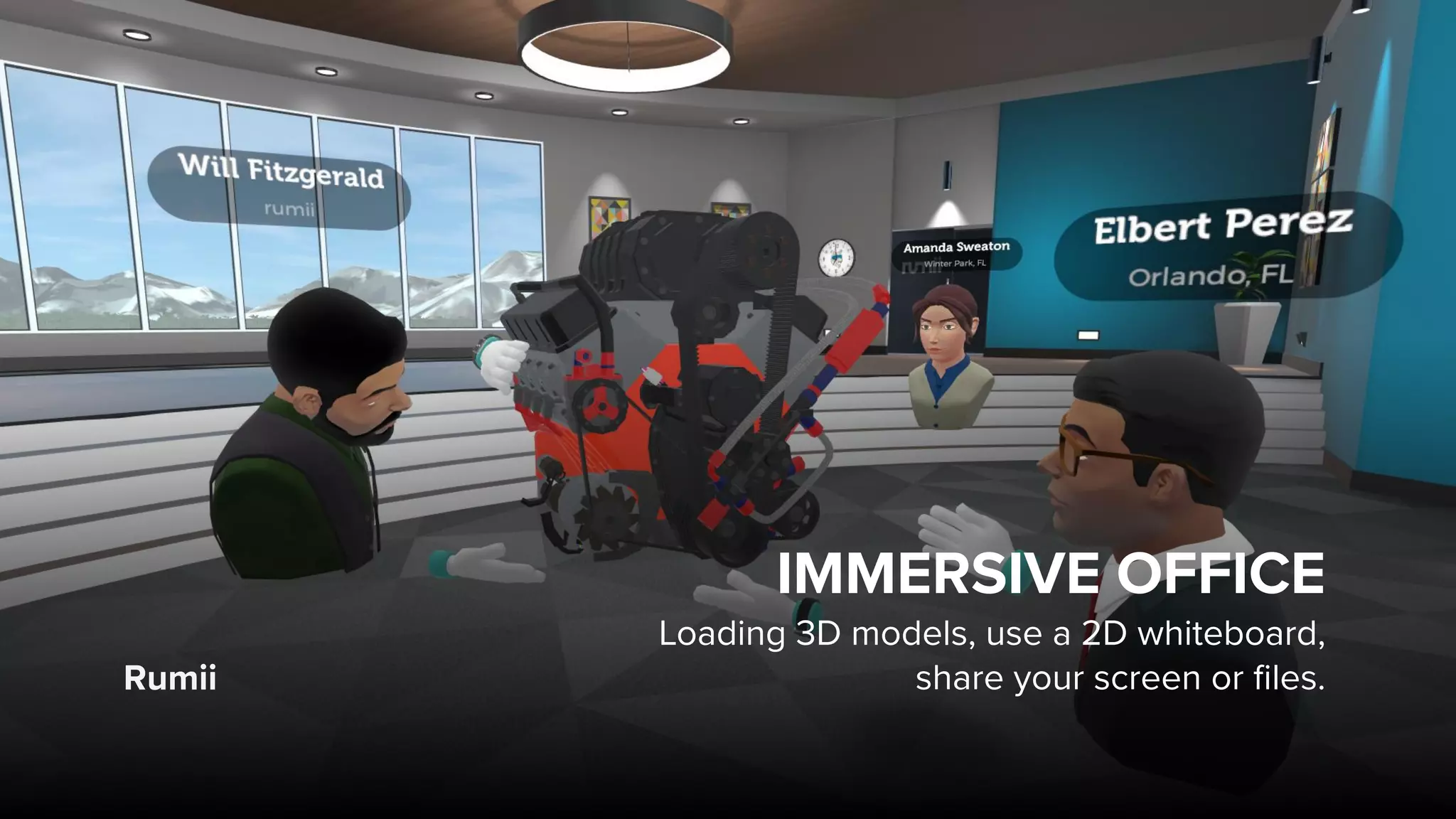 Rumii
IMMERSIVE OFFICE
Loading 3D models, use a 2D whiteboard,  
share your screen or files.
 