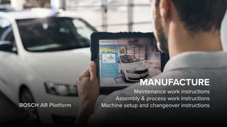 MANUFACTURE
Maintenance work instructions
Assembly & process work instructions
Machine setup and changeover instructionsBOSCH AR Platform
 