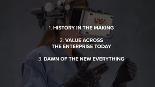 1. HISTORY IN THE MAKING 
 
2. VALUE ACROSS  
THE ENTERPRISE TODAY 
 
3. DAWN OF THE NEW EVERYTHING
 