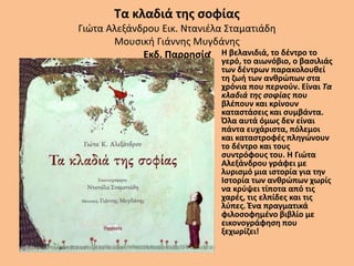 Τα κλαδιά της σοφίας
Γιώτα Αλεξάνδρου Εικ. Ντανιέλα Σταματιάδη
Μουσική Γιάννης Μυγδάνης
Εκδ. Παρρησία• Η βελανιδιά, το δέντρο το
γερό, το αιωνόβιο, ο βασιλιάς
των δέντρων παρακολουθεί
τη ζωή των ανθρώπων στα
χρόνια που περνούν. Είναι Τα
κλαδιά της σοφίας που
βλέπουν και κρίνουν
καταστάσεις και συμβάντα.
Όλα αυτά όμως δεν είναι
πάντα ευχάριστα, πόλεμοι
και καταστροφές πληγώνουν
το δέντρο και τους
συντρόφους του. Η Γιώτα
Αλεξάνδρου γράφει με
λυρισμό μια ιστορία για την
Ιστορία των ανθρώπων χωρίς
να κρύψει τίποτα από τις
χαρές, τις ελπίδες και τις
λύπες. Ένα πραγματικά
φιλοσοφημένο βιβλίο με
εικονογράφηση που
ξεχωρίζει!
 