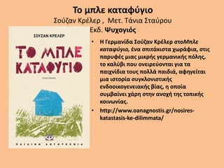 Το μπλε καταφύγιο
Σούζαν Κρέλερ , Μετ. Τάνια Σταύρου
Εκδ. Ψυχογιός
• Η Γερμανίδα Σούζαν Κρέλερ στοΜπλε
καταφύγιο, ένα σπιτάκιστα χωράφια, στις
παρυφές μιας μικρής γερμανικής πόλης,
το καλύβι που ονειρεύονται για τα
παιχνίδια τους πολλά παιδιά, αφηγείται
μια ιστορία συγκλονιστικής
ενδοοικογενειακής βίας, η οποία
συμβαίνει χάρη στην ανοχή της τοπικής
κοινωνίας.
• http://www.oanagnostis.gr/nosires-
katastasis-ke-dilimmata/
 