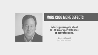 more code more defects
Industry average is about
15 - 50 errors per 1000 lines  
of delivered code.
Steve McConnell
from of the book “Code Complete”
 