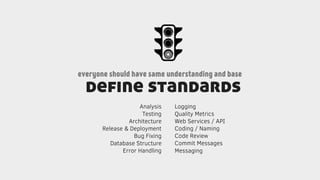 define standards
everyone should have same understanding and base
Analysis
Testing
Architecture
Release & Deployment
Bug Fixing
Database Structure
Error Handling
Logging
Quality Metrics
Web Services / API
Coding / Naming
Code Review
Commit Messages
Messaging
 