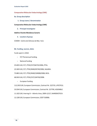 Evaluation Report 2010
96
Comparative Molecular Endocrinology (CME)
8a. Group description
1. Group name / denomination
Comparative Molecular Endocrinology (CME)
2. Principal investigator
Adelino Vicente Mendonca Canario
3. Location of group
CCMAR - Centro de Ciências do Mar, Faro
8b. Funding, sources, dates
Funds spent in 2010:
- FCT Pluriannual funding.
- National funding
25.695 EUR, FCT, PTDC/CVT/66735/2006, PTHL.
23.369 EUR, FCT, PTDC/MAR/69749/2006, SALARIA.
73.885 EUR, FCT, PTDC/MAR/104008/2008, BICA.
68.043 EUR, FCT, PTDC/CVT/104750/2008.
- European funding
112.243 EUR, European Commission, Contract Nr. 222719, LIFECYCLE.
35.034 EUR, European Commission, Contract Nr. 227799, ASSEMBLE.
11.102 EUR, Interreg IV – Atlantic Area, 2009-1/127, SHAREBIOTECH.
12.128 EUR, European Commission, COST ES0906.
 