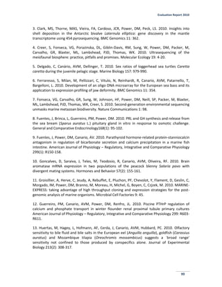 Evaluation Report 2010
99
3. Clark, MS, Thorne, MAS, Vieira, FA, Cardoso, JCR, Power, DM, Peck, LS. 2010. Insights into
shell deposition in the Antarctic bivalve Laternula elliptica: gene discovery in the mantle
transcriptome using 454 pyrosequencing. BMC Genomics 11: 362.
4. Creer, S, Fonseca, VG, Porazinska, DL, Giblin-Davis, RM, Sung, W, Power, DM, Packer, M,
Carvalho, GR, Blaxter, ML, Lambshead, PJD, Thomas, WK. 2010. Ultrasequencing of the
meiofaunal biosphere: practice, pitfalls and promises. Molecular Ecology 19: 4-20.
5. Delgado, C, Canário, AVM, Dellinger, T. 2010. Sex ratios of loggerhead sea turtles Caretta
caretta during the juvenile pelagic stage. Marine Biology 157: 979-990.
6. Ferraresso, S, Milan, M, Pellizzari, C, Vitulo, N, Reinhardt, R, Canario, AVM, Patarnello, T,
Bargelloni, L. 2010. Development of an oligo DNA microarray for the European sea bass and its
application to expression profiling of jaw deformity. BMC Genomics 11: 354.
7. Fonseca, VG, Carvalho, GR, Sung, W, Johnson, HF, Power, DM, Neill, SP, Packer, M, Blaxter,
ML, Lambshead, PJD, Thomas, WK, Creer, S. 2010. Second-generation environmental sequencing
unmasks marine metazoan biodiversity. Nature Communications 1: 98.
8. Fuentes, J, Brinca, L, Guerreiro, PM, Power, DM. 2010. PRL and GH synthesis and release from
the sea bream (Sparus auratus L.) pituitary gland in vitro in response to osmotic challenge.
General and Comparative Endocrinology168(1): 95-102.
9. Fuentes, J, Power, DM, Canario, AV. 2010. Parathyroid hormone-related protein-stanniocalcin
antagonism in regulation of bicarbonate secretion and calcium precipitation in a marine fish
intestine. American Journal of Physiology – Regulatory, Integrative and Comparative Physiology
299(1): R150-158.
10. Goncalves, D, Saraiva, J, Teles, M, Teodosio, R, Canario, AVM, Oliveira, RF. 2010. Brain
aromatase mRNA expression in two populations of the peacock blenny Salaria pavo with
divergent mating systems. Hormones and Behavior 57(2): 155-161.
11. Groisillier, A, Herve, C, Jeudy, A, Rebuffet, E, Pluchon, PF, Chevolot, Y, Flament, D, Geslin, C,
Morgado, IM, Power, DM, Branno, M, Moreau, H, Michel, G, Boyen, C, Czjzek, M. 2010. MARINE-
EXPRESS: taking advantage of high throughput cloning and expression strategies for the post-
genomic analysis of marine organisms. Microbial Cell Factories 9: 45.
12. Guerreiro, PM, Canario, AVM, Power, DM, Renfro, JL. 2010. Piscine PTHrP regulation of
calcium and phosphate transport in winter flounder renal proximal tubule primary cultures
American Journal of Physiology – Regulatory, Integrative and Comparative Physiology 299: R603-
R611.
13. Huertas, M, Hagey, L, Hofmann, AF, Cerda, J, Canario, AVM, Hubbard, PC. 2010. Olfactory
sensitivity to bile fluid and bile salts in the European eel (Anguilla anguilla), goldfish (Carassius
auratus) and Mozambique tilapia (Oreochromis mossambicus) suggests a `broad range'
sensitivity not confined to those produced by conspecifics alone. Journal of Experimental
Biology 213(2): 308-317.
 