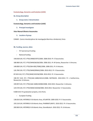 Evaluation Report 2010
123
Ecotoxicology, Genomics and Evolution (LEGE)
8a. Group description
1. Group name / denomination
Ecotoxicology, Genomics and Evolution (LEGE)
2. Principal investigator
Vitor Manuel Oliveira Vasconcelos
3. Location of group
CIIMAR - Centro Interdisciplinar de Investigação Marinha e Ambiental, Porto
8b. Funding, sources, dates
- FCT pluriannual funding
- National funding
140.818 EUR, FCT, PTDC/AMB/67075/2006. 2008-2010. PI: V Vasconcelos.
188.980 EUR, FCT, PTDC/MAR/68106/2006. 2008-2011. PI: M Santos, Researcher: A Antunes.
148.000 EUR, FCT, PTDC/BIA-BDE/70982/2006. 2008-2011. PI: A Antunes.
126.706 EUR, FCT, PTDC/MAR/099642/2008. 2010-2012. PI: V Vasconcelos.
87.024 EUR, FCT, PTDC/MAR/102258/2008. 2010-2012. PI: V Vasconcelos.
198.767 EUR, FCT, PTDC/AAC-AMB/102121/2008, NISTRACKS. 2010-2013. PI: L Guilhermino,
Researcher: A Antunes.
199.997 EUR, FCT, PTDC/AAC-AMB/104983/2008. 2010-2013. Researcher: A Antunes.
124.570 EUR, FCT, PTDC/MAR/102638/2008. 2010-2012. Researcher: V Vasconcelos.
9.000 EUR, Pre-graduation projects, Univ Porto.
- European funding
138.033 EUR, INTERREG IV B Atlantic Area, ATLANTOX. 2009-2010. PI: V Vasconcelos.
195.514 EUR, INTERREG IV B Atlantic Area, PHARMATLANTIC. 2010-2012. PI: V Vasconcelos.
209.969 EUR, INTERREG IV B Atlantic Area, ShareBiotech. 2010-2012. PI: A Antunes.
 