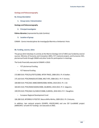 Evaluation Report 2010
169
Geology and Paleoceanography
8a. Group description
1. Group name / denomination
Geology and Paleoceanography
2. Principal investigator
Fátima Abrantes (represented by João Coimbra)
3. Location of group
CIIMAR - Centro Interdisciplinar de Investigação Marinha e Ambiental. Porto
8b. Funding, sources, dates
The group which develops its activity at the Marine Geology Unit of LNEG was funded by several
sources: Ministry of Economy and Innovation (MEI), FCT (national projects and Eurocores ESF),
pluriannual funds through CIMAR and other funds for participation in meetings.
The funds financially executed at CIIMAR in 2010:
- FCT pluriannual funding
- FCT National funding
172.800 EUR, PTDC/CLI/70772/2006, INTER-TRACE, 2008-2011. PI: A Voelker.
175.163 EUR, PTDC/MAR/65197/2006, MELT KP5, 2008-2011. PI: P. Ferreira.
100.000 EUR, PTDC/AAC-AMB/108449/2008, MONA, 2010-2013. PI: I. Gil.
183.691 EUR, PTDC/MAR/102045/2008, CALIBERIA, 2010-2013. PI: E. Salgueiro.
199.976 EUR, PTDC/AAC-CLI/100157/2008, CLIMHOL, 2010-2013. PI: F. Naughton.
- European Regional Development Fund
106.280 EUR, INTERREG IV POCTEP, Natura Miño-Minho, 2009-2011. PI: C Antunes.
In addition, two national projects (SCARPS; HOLOCLIMA) and one ESF EuroMARC project
(AMOCINT) –all with FCT funding– are executed at LNEG.
 
