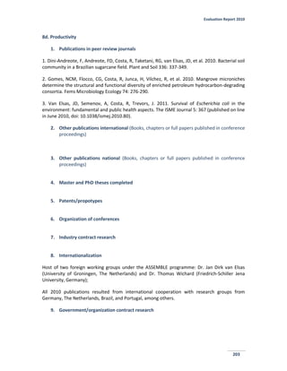 Evaluation Report 2010
203
8d. Productivity
1. Publications in peer review journals
1. Dini-Andreote, F, Andreote, FD, Costa, R, Taketani, RG, van Elsas, JD, et al. 2010. Bacterial soil
community in a Brazilian sugarcane field. Plant and Soil 336: 337-349.
2. Gomes, NCM, Flocco, CG, Costa, R, Junca, H, Vilchez, R, et al. 2010. Mangrove microniches
determine the structural and functional diversity of enriched petroleum hydrocarbon-degrading
consortia. Fems Microbiology Ecology 74: 276-290.
3. Van Elsas, JD, Semenov, A, Costa, R, Trevors, J. 2011. Survival of Escherichia coli in the
environment: fundamental and public health aspects. The ISME Journal 5: 367 (published on line
in June 2010, doi: 10.1038/ismej.2010.80).
2. Other publications international (Books, chapters or full papers published in conference
proceedings)
3. Other publications national (Books, chapters or full papers published in conference
proceedings)
4. Master and PhD theses completed
5. Patents/propotypes
6. Organization of conferences
7. Industry contract research
8. Internationalization
Host of two foreign working groups under the ASSEMBLE programme: Dr. Jan Dirk van Elsas
(University of Groningen, The Netherlands) and Dr. Thomas Wichard (Friedrich-Schiller Jena
University, Germany);
All 2010 publications resulted from international cooperation with research groups from
Germany, The Netherlands, Brazil, and Portugal, among others.
9. Government/organization contract research
 