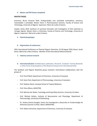 Evaluation Report 2010
239
4. Master and PhD theses completed
MASTER THESES
Guerreiro, Bruno Emanuel 2010. Endoperóxidos com actividade antimalárica: estrutura,
reactividade e actividade. Master thesis in Pharmaceutical Sciences, Faculty of Science and
Technology, University of Algarve. Supervisor: Maria de Lurdes Cristiano.
Czepiel, Aneta 2010. Synthesis of saccharyl tetrazoles and investigation of their potential as
nitrogen ligands. Master thesis in Chemistry, Faculty of Science and Technology, University of
Algarve. Supervisor: Maria de Lurdes Cristiano.
5. Patents/propotypes
6. Organization of conferences
20th International Conference on Physical Organic Chemistry, 22-28 August 2010, Busan, South
Korea. (Maria de Lurdes Cristiano - Member of the International Advisory Board).
7. Industry contract research
8. Internationalization (Collaborative publication, Research, Graduate Training Networks
or other forms of participation of the Research Group at the international level)
The Synthesis and Organic Reactivity group maintains international collaborations with the
groups of:
- Prof. Paul O’Neill, Department of Chemistry, University of Liverpool;
- Prof. Kevin Park, Department of Pharmacology, University of Liverpool;
- Prof. Stephan Ward, Liverpool School of Tropical Medicine;
- Prof. Piero Olliaro, WHO/TDR;
- Prof. Bob Van der Water, Toxicology and Drug Safety Sciences, University of Leiden;
- Prof. Michael Ashton, Institute of Neuroscience and Physiology, Department of
Pharmacology, University of Gothenburg;
- Dr. Andrea Gomez-Zavaglia, Centro de Investigación y Desarrollo en Criotecnología de
Alimentos (Conicet La Plata, UNLP), ARGENTINA;
- Prof. Robert Johnstone, Department of Chemistry, University of Liverpool.
 