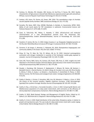 Evaluation Report 2010
259
56. Cardoso, CL, Mendes, RO, Salvador, AM, Saraiva, JA, Vaz-Pires, P, Nunes, ML. 2010. Quality
characteristics of high pressure-induced hake (Merluccius capensis) protein gels with and without
MTGase. Journal of Aquatic Food Product Technology 19: 193-213. IF=0.481.
57. Cardoso, JCR, Vieira, FA, Gomes, AS, Power, DM. 2010. The serendipitous origin of chordate
secretin peptide family members. BMC Evolutionary Biology 10: 135. IF=3.702.
58. Carvalho, PN, Basto, MCP, Silva, MFGM, Machado, A, Bordalo, A, Vasconcelos, MTSD. 2010.
Ability of salt marsh plants for TBT remediation in sediments. Environmental Science and
Pollution Research 17: 1279-1286. IF=2.870.
59. Casal, G, Teles-Grilo, ML, Matos, E, Azevedo, C. 2010. Ultrastructural and molecular
characterization of a new Microsporidium parasite from the Amazonian fish,
Gymnorhamphichthys rondoni (Rhamphichthyidae). Journal of Parasitology 96: 1155-1163.
IF=1.208.
60. Cavaleiro, FI, Santos, MJ, Ho, J-S. 2010. Caligus musaicus n. sp. (Copepoda: Caligidae) parasitic on
the flounder Platichthys flesus (Linnaeus) off Portugal. Crustaceana 83 (4): 457-464. IF=0.630.
61. Cermeno, P, de Vargas, C, Abrantes, F, Falkowski, PG. 2010. Phytoplankton biogeography and
community stability in the Ocean. Plos One 5(3): e10037. IF=4.411.
62. Chew, SF, Tng, YY, Wee, NL, Tok, CY, Wilson, JM, Ip, YK. 2010. Intestinal osmoregulatory
acclimation and nitrogen metabolism in juveniles of the freshwater marble goby exposed to
seawater. Journal of Comparative Physiology B 180: 511-520. IF=2.400.
63. Clark, MS, Thorne, MAS, Vieira, FA, Cardoso, JCR, Power, DM, Peck, LS. 2010. Insights into shell
deposition in the Antarctic bivalve Laternula elliptica: gene discovery in the mantle transcriptome
using 454 pyrosequencing. BMC Genomics 11: 362. IF=4.206.
64. Claudet, J, Osenberg, CW, Domenici, P, Badalamenti, F, Milazzo, M, Falcón, JM, Bertocci, I,
Benedetti-Cecchi, L, García-Charton, J-A, Goñi, R, Borg, JA, Forcada, A, de Lucia, GA, Pérez-Ruzafa,
Á, Afonso, P, Brito, A, Guala, I, Le Diréach, L, SanchezJerez, P, Somerfield, PJ, Planes, S. 2010.
Marine reserves: fish life history and ecological traits matter. Ecological Applications 20: 830-839.
IF=4.276.
65. Coelho, R, Bentes, L, Correia, C, Gonçalves, JMS, Lino, PG, Monteiro, P, Ribeiro, J, Erzini, K. 2010.
Life history of the common pandora, Pagellus erythrinus (Linnaeus, 1758) (Actinopterygii:
Sparidae) from southern Portugal. Brazilian Journal of Oceanography 58: 233-245. IF=0.266.
66. Coelho, R, Rey, J, Gil de Sola, L, Fernandez-Carvalho, J, Erzini, K. 2010. Comparing NE Atlantic and
Mediterranean populations of a deep water lanternshark, with comments on the efficiency of
density dependant compensatory mechanisms. Marine Biology Research 6: 373-380. IF=1.484.
67. Coelho, R. 2010. [Book Review]: Biology and Management of Dogfish Sharks, Edited by V.F.
Gallucci, G.A. McFarlane & G.G. Bargmann. Marine Biology Research 6: 415-416. IF=1.484.
68. Coelho, R., Erzini, K. 2010. Depth distribution of the velvet belly, Etmopterus spinax, in relation to
growth and reproductive cycle: The case study of a deep water lantern shark with a wide ranging
critical habitat. Marine Biology Research 6: 381-389. IF=1.484.
 