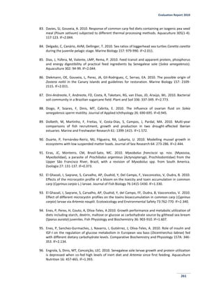 Evaluation Report 2010
261
83. Davies, SJ, Gouveia, A. 2010. Response of common carp fed diets containing an isogenic pea seed
meal (Pisum sativum) subjected to different thermal processing methods. Aquaculture 305(1-4):
117-123. IF=2.044.
84. Delgado, C, Canário, AVM, Dellinger, T. 2010. Sex ratios of loggerhead sea turtles Caretta caretta
during the juvenile pelagic stage. Marine Biology 157: 979-990. IF=2.011.
85. Dias, J, Yúfera, M, Valente, LMP, Rema, P. 2010. Feed transit and apparent protein, phosphorus
and energy digestibility of practical feed ingredients by Senegalese sole (Solea senegalensis).
Aquaculture 302: 94-99. IF=2.044.
86. Diekmann, OE, Gouveia, L, Perez, JA, Gil-Rodriguez, C, Serrao, EA. 2010. The possible origin of
Zostera noltii in the Canary Islands and guidelines for restoration. Marine Biology 157: 2109-
2115. IF=2.011.
87. Dini-Andreote, F, Andreote, FD, Costa, R, Taketani, RG, van Elsas, JD, Araújo, WL. 2010. Bacterial
soil community in a Brazilian sugarcane field. Plant and Soil 336: 337-349. IF=2.773.
88. Diogo, P, Soares, F, Dinis, MT, Cabrita, E. 2010. The influence of ovarian fluid on Solea
senegalensis sperm motility. Journal of Applied Ichthyology 26: 690-695. IF=0.945.
89. Dolbeth, M, Martinho, F, Freitas, V, Costa-Dias, S, Campos, J, Pardal, MA. 2010. Multi-year
comparisons of fish recruitment, growth and production in two drought-affected Iberian
estuaries. Marine and Freshwater Research 61: 1399-1415. IF=1.572.
90. Duarte, P, Fernández-Reiriz, MJ, Filgueira, RA, Labarta, U. 2010. Modelling mussel growth in
ecosystems with low suspended matter loads. Journal of Sea Research 64: 273-286. IF=2.444.
91. Eiras, JC, Monteiro, CM, Brasil-Sato, MC. 2010. Myxobolus franciscoi sp. nov. (Myxozoa,
Myxobolidae), a parasite of Prochilodus argenteus (Actynopterygii, Prochilodontidae) from the
Upper São Francisco River, Brazil, with a revision of Myxobolus spp. from South America.
Zoologia 27: 131-137. IF=0.373.
92. El Ghazali, I, Saqrane, S, Carvalho, AP, Ouahid, Y, Del Campo, F, Vasconcelos, V, Oudra, B. 2010.
Effects of the microcystin profile of a bloom on the toxicity and toxin accumulation in common
carp (Cyprinus carpio L.) larvae. Journal of Fish Biology 76:1415-1430. IF=1.330.
93. El Ghazali, I, Saqrane, S, Carvalho, AP, Ouahid, Y, del Campo, FF, Oudra, B, Vasconcelos, V. 2010.
Effect of different microcystin profiles on the toxins bioaccumulation in common carp (Cyprinus
carpio) larvae via Artemia nauplii. Ecotoxicology and Environmental Safety 73:762-770. IF=2.340.
94. Enes, P, Peres, H, Couto, A, Oliva-Teles, A 2010. Growth performance and metabolic utilization of
diets including starch, dextrin, maltose or glucose as carbohydrate source by gilthead sea bream
(Sparus aurata) juveniles. Fish Physiology and Biochemistry 36: 903-910. IF=1.607.
95. Enes, P, Sanchez-Gurmaches, J, Navarro, I, Gutiérrez, J, Oliva-Teles, A. 2010. Role of insulin and
IGF-I on the regulation of glucose metabolism in European sea bass (Dicentrarchus labrax) fed
with different dietary carbohydrate levels. Comparative Biochemistry and Physiology 157A: 346-
353. IF=2.134.
96. Engrola, S, Dinis, MT, Conceição, LEC. 2010. Senegalese sole larvae growth and protein utilization
is depressed when co-fed high levels of inert diet and Artemia since first feeding. Aquaculture
Nutrition 16: 457-465. IF=1.393.
 