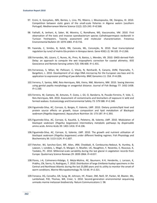 Evaluation Report 2010
262
97. Erzini, K, Gonçalves, JMS, Bentes, L, Lino, PG, Ribeiro, J, Moutopoulos, DK, Stergiou, KI. 2010.
Competition between static gears of the small-scale fisheries in Algarve waters (southern
Portugal). Mediterranean Marine Science 11(2): 225-243. IF=0.568.
98. Fathalli, A, Jenhani, A, Saker, M, Moreira, C, Romdhane, MS, Vasconcelos, VM. 2010. First
observation of the toxic and invasive cyanobacterium species Cylindrospermopsis raciborskii in
Tunisian freshwaters. Toxicity assessment and molecular characterization. Fresenius
Environmental Bulletin 19: 1074-1083. IF=0.716.
99. Fazenda, C, Simões, B, Kelsh, RN, Cancela, ML, Conceição, N. 2010. Dual transcriptional
regulation by runx2 of matrix Gla protein in Xenopus laevis. Gene 450(1-2): 94-102. IF=2.266.
100.Fernandes, MJ, Lázaro, C, Nunes, AL, Pires, N, Bastos, L, Mendes, VB. 2010. GNSS-derived Path
Delay: an approach to compute the wet tropospheric correction for coastal altimetry. IEEE
Geoscience and Remote Sensing Letters 7(3): 596-600. IF=1.431.
101.Ferraresso, S, Milan, M, Pellizzari, C, Vitulo, N, Reinhardt, R, Canario, AVM, Patarnello, T,
Bargelloni, L. 2010. Development of an oligo DNA microarray for the European sea bass and its
application to expression profiling of jaw deformity. BMC Genomics 11: 354. IF=4.206.
102.Ferreira, F, Santos, MM, Reis-Henriques, MA, Vieira, NM, Monteiro, NM. 2010. Sexing blennies
using genital papilla morphology or anogenital distance. Journal of Fish Biology 77: 1432-1438.
IF=1.330.
103.Ferreira, M, Caetano, M, Antunes, P, Costa, J, Gil, O, Bandarra, N, Pousão-Ferreira, P, Vale, C,
Reis-Henriques, MA. 2010. Assessment of contaminants and biomarkers of exposure in wild and
farmed seabass. Ecotoxicology and Environmental Safety 73: 579-588. IF=2.340.
104.Figueiredo-Silva, AC, Corraze, G, Borges, P, Valente, LMP. 2010. Dietary protein/lipid level and
protein source effects on growth, tissue composition and lipid metabolism of Blackspot
seabream (Pagellus bogaraveo). Aquaculture Nutrition 16: 173-187. IF=1.393.
105.Figueiredo-Silva, AC, Corraze, G, Kaushik, S, Peleteiro, JB, Valente, LMP. 2010. Modulation of
blackspot seabream (Pagellus bogaraveo) intermediary metabolic pathways by dispensable
amino acids. Amino Acids 39: 1401-1416. IF=4.106.
106.Figueiredo-Silva, AC, Corraze, G, Valente, LMP. 2010. The growth and nutrient utilisation of
blackspot seabream (Pagellus bogaraveo) under different feeding regimes. Fish Physiology and
Biochemistry 36: 1113-1124. IF=1.607.
107.Fletcher, WJ, Sanchez-Goni, MF, Allen, JRM, Cheddadi, R, Combourieu-Nebout, N, Huntley, B,
Lawson, I, Londeix, L, Magri, D, Margari, V, Mueller, UC, Naughton, F, Novenko, E, Roucoux, K,
Tzedakis, PC. 2010. Millennial-scale variability during the last glacial in vegetation records from
Europe. Quaternary Science Reviews 29: 2839-2864. IF=4.657.
108.Flores, J-A, Colmenero-Hidalgo, E, Mejia-Molina, AE, Baumann, K-H, Henderiks, J, Larsson, K,
Prabhu, CN, Sierro, FJ, Rodrigues, T. 2010. Distribution of large Emiliania huxleyi specimens in the
Central and Northeast Atlantic during the last 25,000 years and its utility to monitor the onset of
warm conditions. Marine Micropaleontology 76: 53-66. IF=2.321.
109.Fonseca, VG, Carvalho, GR, Sung, W, Johnson, HF, Power, DM, Neill, SP, Packer, M, Blaxter, ML,
Lambshead, PJD, Thomas, WK, Creer, S. 2010. Second-generation environmental sequencing
unmasks marine metazoan biodiversity. Nature Communications 1: 98.
 