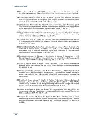 Evaluation Report 2010
264
123.Gil, IM, Keigwin, LD, Abrantes, FG. 2010. Comparison of diatom records of the Heinrich event 1 in
the Western North Atlantic. IOP Conference Series: Earth and Environmental Science 9: 012008.
124.Gomes, NCM, Flocco, CG, Costa, R, Junca, H, Vilchez, R, et al. 2010. Mangrove microniches
determine the structural and functional diversity of enriched petroleum hydrocarbon-degrading
consortia. FEMS Microbiology Ecology 74: 276-290. IF=3.456.
125.Gómez-Requeni, P, Conceição, LEC, Olderbakk Jordal, A, Rønnestad, I. 2010. A reference growth
curve for nutritional experiments in zebrafish (Danio rerio) and changes in whole body proteome
during development. Fish Physiology and Biochemistry 36: 1199-1215. IF=1.607.
126.Goncalves, D, Saraiva, J, Teles, M, Teodosio, R, Canario, AVM, Oliveira, RF. 2010. Brain aromatase
mRNA expression in two populations of the peacock blenny Salaria pavo with divergent mating
systems. Hormones and Behavior 57(2): 155-161. IF=3.991.
127.Gonçalves, JFM, Turini, BGS, Ozório, ROA. 2010. The effects of stocking densities on performance
of turbot (Scophthalmus maximus) fed diets with L-carnitine supplementation. Scientia Agricola
67(2): 151-157. IF=0.816.
128.González-Díaz, H, Dea-Ayuela, MA, Pérez-Montoto, LG, Prado-Prado, FJ, Agüero-Chapín, G, Bolas-
Fernández, F, Vazquez-Padrón, RI, Ubeira, FM. 2010. QSAR for RNases and theoretic-
experimental study of molecular diversity on peptide mass fingerprints of a new Leishmania
infantum protein. Molecular Diversity 14: 349-369. IF=3.721.
129.González-Wangüemert, M, Cánovas, F, Pérez-Ruzafa, A, Marcos, C, Alexandrino, P. 2010.
Connectivity patterns inferred from the genetic structure of white seabream (Diplodus sargus L.).
Journal of Experimental Marine Biology and Ecology 383: 23-31. IF=1.910.
130.Granja, H, Rocha, F, Matias, M, Moura, R, Caldas, F, Marques, J, Tareco, H. 2010. Lagoa da Apúlia:
a residual lagoon from Late Holocene (NW coastal zone of Portugal). Quaternary International
221: 46-57. IF=1.768.
131.Gravato, C, Guimarães, L, Santos, J, Faria, M, Alves, A, Guilhermino, L. 2010. Comparative study
about the effects of pollution on glass and yellow eels (Anguilla anguilla) from the estuaries of
Minho, Lima and Douro Rivers (NW Portugal). Ecotoxicology and Environmental Safety 73: 524-
533. IF=2.340.
132.Groisillier, A, Herve, C, Jeudy, A, Rebuffet, E, Pluchon, PF, Chevolot, Y, Flament, D, Geslin, C,
Morgado, IM, Power, DM, Branno, M, Moreau, H, Michel, G, Boyen, C, Czjzek, M. 2010. MARINE-
EXPRESS: taking advantage of high throughput cloning and expression strategies for the post-
genomic analysis of marine organisms. Microbial Cell Factories 9: 45. IF=4.544.
133.Guedes, AC, Meireles, LA, Amaro, HM, Malcata, FX. 2010. Changes in lipid class and fatty acid
composition of cultures of Pavlova lutheri, in response to light intensity. Journal of the American
Oil Chemists Society 87(7): 791-801. IF=1.587.
134.Guerreiro, PM, Canario, AVM, Power, DM, Renfro, JL. 2010. Piscine PTHrP regulation of calcium
and phosphate transport in winter flounder renal proximal tubule primary cultures. American
Journal of Physiology – Regulatory, Integrative and Comparative Physiology 299: R603-R611.
IF=3.284.
 