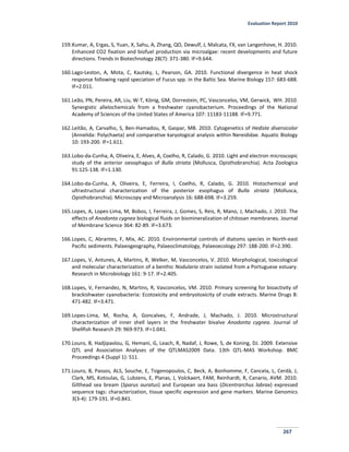 Evaluation Report 2010
267
159.Kumar, A, Ergas, S, Yuan, X, Sahu, A, Zhang, QO, Dewulf, J, Malcata, FX, van Langenhove, H. 2010.
Enhanced CO2 fixation and biofuel production via microalgae: recent developments and future
directions. Trends in Biotechnology 28(7): 371-380. IF=9.644.
160.Lago-Leston, A, Mota, C, Kautsky, L, Pearson, GA. 2010. Functional divergence in heat shock
response following rapid speciation of Fucus spp. in the Baltic Sea. Marine Biology 157: 683-688.
IF=2.011.
161.Leão, PN, Pereira, AR, Liu, W-T, König, GM, Dorrestein, PC, Vasconcelos, VM, Gerwick, WH. 2010.
Synergistic allelochemicals from a freshwater cyanobacterium. Proceedings of the National
Academy of Sciences of the United States of America 107: 11183-11188. IF=9.771.
162.Leitão, A, Carvalho, S, Ben-Hamadou, R, Gaspar, MB. 2010. Cytogenetics of Hediste diversicolor
(Annelida: Polychaeta) and comparative karyological analysis within Nereididae. Aquatic Biology
10: 193-200. IF=1.611.
163.Lobo-da-Cunha, A, Oliveira, E, Alves, A, Coelho, R, Calado, G. 2010. Light and electron microscopic
study of the anterior oesophagus of Bulla striata (Mollusca, Opisthobranchia). Acta Zoologica
91:125-138. IF=1.130.
164.Lobo-da-Cunha, A, Oliveira, E, Ferreira, I, Coelho, R, Calado, G. 2010. Histochemical and
ultrastructural characterization of the posterior esophagus of Bulla striata (Mollusca,
Opisthobranchia). Microscopy and Microanalysis 16: 688-698. IF=3.259.
165.Lopes, A, Lopes-Lima, M, Bobos, I, Ferreira, J, Gomes, S, Reis, R, Mano, J, Machado, J. 2010. The
effects of Anodonta cygnea biological fluids on biomineralization of chitosan membranes. Journal
of Membrane Science 364: 82-89. IF=3.673.
166.Lopes, C, Abrantes, F, Mix, AC. 2010. Environmental controls of diatoms species in North-east
Pacific sediments. Palaeogeography, Palaeoclimatology, Palaeoecology 297: 188-200. IF=2.390.
167.Lopes, V, Antunes, A, Martins, R, Welker, M, Vasconcelos, V. 2010. Morphological, toxicological
and molecular characterization of a benthic Nodularia strain isolated from a Portuguese estuary.
Research in Microbiology 161: 9-17. IF=2.405.
168.Lopes, V, Fernandez, N, Martins, R, Vasconcelos, VM. 2010. Primary screening for bioactivity of
brackishwater cyanobacteria: Ecotoxicity and embryotoxicity of crude extracts. Marine Drugs 8:
471-482. IF=3.471.
169.Lopes-Lima, M, Rocha, A, Goncalves, F, Andrade, J, Machado, J. 2010. Microstructural
characterization of inner shell layers in the freshwater bivalve Anodonta cygnea. Journal of
Shellfish Research 29: 969-973. IF=1.041.
170.Louro, B, Hadjipavlou, G, Hemani, G, Leach, R, Nadaf, J, Rowe, S, de Koning, DJ. 2009. Extensive
QTL and Association Analyses of the QTLMAS2009 Data. 13th QTL-MAS Workshop. BMC
Proceedings 4 (Suppl 1): S11.
171.Louro, B, Passos, ALS, Souche, E, Tsigenopoulos, C, Beck, A, Bonhomme, F, Cancela, L, Cerdà, J,
Clark, MS, Kotoulas, G, Lubzens, E, Planas, J, Volckaert, FAM, Reinhardt, R, Canario, AVM. 2010.
Gilthead sea bream (Sparus auratus) and European sea bass (Dicentrarchus labrax) expressed
sequence tags: characterization, tissue specific expression and gene markers. Marine Genomics
3(3-4): 179-191. IF=0.841.
 