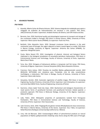 Evaluation Report 2010
280
B. ADVANCED TRAINING
PhD THESES
1. Azevedo, Alberto Carlos de Oliveira Antunes. 2010. Sistema integrado de modelação para apoio e
mitigação de acidentes de hidrocarbonetos em estuários e orla costeira. PhD thesis,
LNEC/University of Lisbon. Supervisors: Anabela Pacheco de Oliveira, José CPB Teixeira da Silva.
2. Barrento, Sara. 2010. Nutritional quality and physiological responses to transport and storage of
live crustaceans traded in Portugal. PhD thesis in Animal Science, ICBAS, University of Porto.
Supervisor: Maria Leonor Nunes (IPIMAR), Co-supervisor: Paulo Vaz-Pires.
3. Bartilotti, Cátia Alexandra Vieira. 2010. Decapod crustacean larvae dynamics in the west
continental coast of Portugal: the region adjacent to Aveiro coastal lagoon as model. PhD thesis
in Marine Ecology, University of Algarve. Supervisor: Antonina dos Santos (IPIMAR), Co-
supervisor: Margarida Castro.
4. Couto, Maria Nazaré PFS. 2010. Investigation of physical, chemical and biological factors
implicated in the biological remediation of nonvolatile petroleum hydrocarbons. PhD thesis in
Environmental Sciences and Technology, Faculty of Sciences, University of Porto. Supervisor:
Maria Clara P Basto.
5. Faria, Ana. 2010. Ontogeny of behavioural abilities in temperate reef fish larvae. PhD thesis,
University of Algarve. Supervisors: Emanuel Gonçalves (ISPA), Maria Alexandra Chícharo.
6. Francisco, Claire Juliana. 2010. Parasitas do mexilhão Mytilus galloprovincialis Lamark, 1819
(BIVALVIA: MYTILIDAE) com relevância para Trematoda: ciclo de vida, características
morfológicas e moleculares. PhD thesis in Biology, Faculty of Sciences, University of Porto.
Supervisor: Maria João Santos.
7. Gonçalves, Hernâni. 2010. Automatic registration of satellite images. PhD thesis in Surveying
Engineering, Faculty of Sciences, University of Porto. Supervisor: José A Gonçalves, Co-supervisor:
Luís Corte-Real (INESC Porto, Faculty of Engineering, University of Porto).
8. Guerreiro, Liliana Isabel Tomé dos Anjos. 2010. Biochemical and biological characteristics of
novel piscine forms of parathyroid hormone and parathyroid hormone related peptide: a
proteomic approach. PhD thesis in Molecular Biology, University of the Algarve. Supervisor:
Deborah M Power.
9. Leão, Pedro. 2010. Allelopathic properties of cyanobacteria isolated from Portuguese
freshwaters. PhD thesis in Environmental Sciences and Technology, Faculty of Sciences,
University of Porto. Supervisor: Vítor Vasconcelos.
10. León Cisneros, Karla. 2010. Filogeografia do género Scinaia (Rhodophyta) de áreas transicionais.
PhD thesis in Marine Botany, University of the Azores. Supervisor: Ana I Neto, Co-supervisor:
Rafael Riosmena Rodríguez (University Baja California Sur, México).
11. Lima, Inês de Marrazes. 2010. Ecotoxicological effects of petrochemical products on natural
populations of Mytilus galloprovincialis inhabiting rocky shores along the NW coast of Portugal.
 