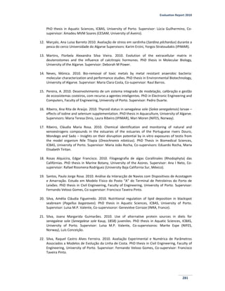 Evaluation Report 2010
281
PhD thesis in Aquatic Sciences, ICBAS, University of Porto. Supervisor: Lúcia Guilhermino, Co-
supervisor: Amadeu MVM Soares (CESAM, University of Aveiro).
12. Marçalo, Ana Luisa Barreto 2010. Avaliação de stress em sardinha (Sardina pilchardus) durante a
pesca do cerco Universidade do Algarve Supervisors: Karim Erzini, Yorgos Stratoudakis (IPIMAR).
13. Martins, Florbela Alexandra Silva Vieira. 2010. Evolution of the extracellular matrix in
deuterostomes and the influence of calcitropic hormones. PhD thesis in Molecular Biology,
University of the Algarve. Supervisor: Deborah M Power.
14. Neves, Mónica. 2010. Bio-removal of toxic metals by metal resistant anaerobic bacteria:
molecular characterization and performance studies. PhD thesis in Environmental Biotechnology,
University of Algarve. Supervisor: Maria Clara Costa, Co-supervisor: Raul Barros.
15. Pereira, A. 2010. Desenvolvimento de um sistema integrado de modelação, calibração e gestão
de ecossistemas costeiros, com recurso a agentes inteligentes. PhD in Electronic Engineering and
Computers, Faculty of Engineering, University of Porto. Supervisor: Pedro Duarte.
16. Ribeiro, Ana Rita de Araújo. 2010. Thyroid status in senegalese sole (Solea senegalensis) larvae –
effects of iodine and selenium supplementation. PhD thesis in Aquaculture, University of Algarve.
Supervisors: Maria Teresa Dinis, Laura Ribeiro (IPIMAR), Mari Moren (NIFES, Norway).
17. Ribeiro, Cláudia Maria Rosa. 2010. Chemical identification and monitoring of natural and
xenoestrogens compounds in the estuaries of the estuaries of the Portuguese rivers Douro,
Mondego and Sado – Insights on their disruption potential by in vitro exposures of testis from
the model organism Nile Tilapia (Oreochromis niloticus). PhD Thesis in Biomedical Sciences,
ICBAS, University of Porto. Supervisor: Maria João Rocha, Co-supervisors: Eduardo Rocha, Maria
Elisabeth Tiritan.
18. Rosas Alquicira, Edgar Francisco. 2010. Filogeografia de algas Corallinales (Rhodophyta) das
Califórnias. PhD thesis in Marine Botany, University of the Azores. Supervisor: Ana I Neto, Co-
supervisor: Rafael Riosmena Rodríguez (University Baja California Sur, México).
19. Santos, Paulo Jorge Rosa. 2010. Análise da Interacção de Navios com Dispositivos de Acostagem
e Amarração. Estudo em Modelo Físico do Posto “A” do Terminal de Petroleiros do Porto de
Leixões. PhD thesis in Civil Engineering, Faculty of Engineering, University of Porto. Supervisor:
Fernando Veloso Gomes, Co-supervisor: Francisco Taveira Pinto.
20. Silva, Amélia Cláudia Figueiredo. 2010. Nutritional regulation of lipid deposition in blackspot
seabream (Pagellus bogaraveo). PhD thesis in Aquatic Sciences, ICBAS, University of Porto.
Supervisor: Luisa M.P. Valente, Co-supervisoror: Geneviéve Corraze (INRA, France).
21. Silva, Joana Margarida Guimarães. 2010. Use of alternative protein sources in diets for
senegalese sole (Senegalese sole Kaup, 1858) juveniles. PhD thesis in Aquatic Sciences, ICBAS,
University of Porto. Supervisor: Luisa M.P. Valente, Co-supervisoros: Marite Espe (NIFES,
Norway), Luís Conceição.
22. Silva, Raquel Castro Alves Ferreira. 2010. Avaliação Experimental e Numérica de Parâmetros
Associados a Modelos de Evolução da Linha de Costa. PhD thesis in Civil Engineering, Faculty of
Engineering, University of Porto. Supervisor: Fernando Veloso Gomes, Co-supervisor: Francisco
Taveira Pinto.
 