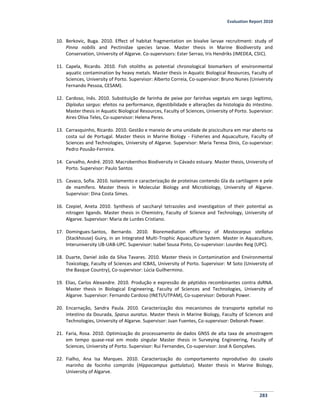 Evaluation Report 2010
283
10. Berkovic, Buga. 2010. Effect of habitat fragmentation on bivalve larvae recruitment: study of
Pinna nobilis and Pectinidae species larvae. Master thesis in Marine Biodiversity and
Conservation, University of Algarve. Co-supervisors: Ester Serrao, Iris Hendriks (IMEDEA, CSIC).
11. Capela, Ricardo. 2010. Fish otoliths as potential chronological biomarkers of environmental
aquatic contamination by heavy metals. Master thesis in Aquatic Biological Resources, Faculty of
Sciences, University of Porto. Supervisor: Alberto Correia, Co-supervisor: Bruno Nunes (University
Fernando Pessoa, CESAM).
12. Cardoso, Inês. 2010. Substituição de farinha de peixe por farinhas vegetais em sargo legítimo,
Diplodus sargus: efeitos na performance, digestibilidade e alterações da histologia do intestino.
Master thesis in Aquatic Biological Resources, Faculty of Sciences, University of Porto. Supervisor:
Aires Oliva Teles, Co-supervisor: Helena Peres.
13. Carrasquinho, Ricardo. 2010. Gestão e maneio de uma unidade de piscicultura em mar aberto na
costa sul de Portugal. Master thesis in Marine Biology - Fisheries and Aquaculture, Faculty of
Sciences and Technologies, University of Algarve. Supervisor: Maria Teresa Dinis, Co-supervisor:
Pedro Pousão-Ferreira.
14. Carvalho, André. 2010. Macrobenthos Biodiversity in Cávado estuary. Master thesis, University of
Porto. Supervisor: Paulo Santos
15. Cavaco, Sofia. 2010. Isolamento e caracterização de proteínas contendo Gla da cartilagem e pele
de mamífero. Master thesis in Molecular Biology and Microbiology, University of Algarve.
Supervisor: Dina Costa Simes.
16. Czepiel, Aneta 2010. Synthesis of saccharyl tetrazoles and investigation of their potential as
nitrogen ligands. Master thesis in Chemistry, Faculty of Science and Technology, University of
Algarve. Supervisor: Maria de Lurdes Cristiano.
17. Domingues-Santos, Bernardo. 2010. Bioremediation efficiency of Mastocarpus stellatus
(Stackhouse) Guiry, in an Integrated Multi-Trophic Aquaculture System. Master in Aquaculture,
Interuniversity UB-UAB-UPC. Supervisor: Isabel Sousa Pinto, Co-supervisor: Lourdes Reig (UPC).
18. Duarte, Daniel João da Silva Tavares. 2010. Master thesis in Contamination and Environmental
Toxicology, Faculty of Sciences and ICBAS, University of Porto. Supervisor: M Soto (University of
the Basque Country), Co-supervisor: Lúcia Guilhermino.
19. Elias, Carlos Alexandre. 2010. Produção e expressão de péptidos recombinantes contra dsRNA.
Master thesis in Biological Engineering, Faculty of Sciences and Technologies, University of
Algarve. Supervisor: Fernando Cardoso (INETI/UTPAM), Co-supervisor: Deborah Power.
20. Encarnação, Sandra Paula. 2010. Caracterização dos mecanismos de transporte epitelial no
intestino da Dourada, Sparus auratus. Master thesis in Marine Biology, Faculty of Sciences and
Technologies, University of Algarve. Supervisor: Juan Fuentes, Co-supervisor: Deborah Power.
21. Faria, Rosa. 2010. Optimização do processamento de dados GNSS de alta taxa de amostragem
em tempo quase-real em modo singular Master thesis in Surveying Engineering, Faculty of
Sciences, University of Porto. Supervisor: Rui Fernandes, Co-supervisor: José A Gonçalves.
22. Fialho, Ana Isa Marques. 2010. Caracterização do comportamento reprodutivo do cavalo
marinho de focinho comprido (Hippocampus guttulatus). Master thesis in Marine Biology,
University of Algarve.
 