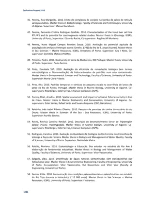 Evaluation Report 2010
286
46. Pereira, Ana Margarida. 2010. Efeito de complexos de vanádio na bomba de cálcio de retículo
sarcoplasmático. Master thesis in Biotechnology, Faculty of Sciences and Technologies, University
of Algarve. Supervisor: Manuel Aureliano.
47. Pereira, Fernanda Cristina Rodrigues Malhão. 2010. Characterization of the trout liver cell line
RTL-W1 and its potential for carcinogenesis-related studies. Master thesis in Oncology. ICBAS,
University of Porto, Supervisor: Eduardo Rocha, Co-supervisor: Rogério AF Monteiro.
48. Pereira, Nuno Miguel Campos Mendes Sousa. 2010. Avaliação do potencial aquícola da
população de amêijoas Venerupis aurea (Gmelin, 1791) da ilha de S. Jorge (Açores). Master thesis
in Sea Sciences – Marine Resources, ICBAS, University of Porto. Supervisor: Ana I Neto, Co-
supervisor: Domitília Matias (IPIMAR).
49. Pimenta, Pedro. 2010. Biodiversity in Serra da Aboboreira, NO Portugal. Master thesis, University
of Porto. Supervisor: Paulo Santos.
50. Pinto, Dorabela SSP. 2010. Avaliação da eficiência de remediação biológica (em termos
microbiológicos e fitorremediação) de hidrocarbonetos de petróleo num solo contaminado.
Master thesis in Environmental Sciences and Technology, Faculty of Sciences, University of Porto.
Supervisor: Maria Clara P Basto.
51. Pires, Rita. 2010. Padrões temporais e verticais de pequena escala na ocorrência de larvas de
peixe na Ria de Aveiro, Portugal. Master thesis in Marine Biology, University of Algarve. Co-
supervisors: Rita Borges, Ester Serrao, Emanuel Gonçalves (ISPA).
52. Purroy Albet, Ariadna. 2010. Spatial assessment and impact of artisanal fisheries´activity in Cap
de Creus. Master thesis in Marine Biodiversity and Conservation, University of Algarve. Co-
supervisors: Ester Serrao, Rafael Sardá and Susana Requena (CSIC, Barcelona).
53. Reisinho, Inês Isabel Ribeiro Oliveira. 2010. Pesquisa de parasitas de tainha do estuário do rio
Douro. Master thesis in Sciences of the Sea - Sea Resources, ICBAS, University of Porto.
Supervisor: Aurélia Saraiva.
54. Rocha, Patrícia Carolina Rendall. 2010. Descrição do desenvolvimento larvar de Tripterygion
delaisi (Pisces: Tripterygiidae). Master thesis in Marine Biology, University of Algarve. Co-
supervisors: Rita Borges, Ester Serrao, Emanuel Gonçalves (ISPA).
55. Rodrigues, Carolina. 2010. Avaliação da Qualidade de Ecológica do Rio Ferreira nos Concelhos de
Valongo e Paços de Ferreira. Master thesis in Biology and Management of Water Quality, Faculty
of Sciences, University of Porto. Supervisor: Natividade Vieira.
56. Roldão, Mariana. 2010. Ecotoxicologia e Educação. Dos estudos no estuário do Rio Ave à
elaboração de ferramentas educativas. Master thesis in Biology and Management of Water
Quality, Faculty of Sciences, University of Porto. Supervisor: Vítor Vasconcelos.
57. Salgado, Lídia. 2010. Desinfecção de águas naturais contaminadas com cianobactérias por
fotocatálise solar. Master thesis in Environmental Engineering, Faculty of Engineering, University
of Porto. Cu-supervisor: Vítor Vasconcelos, Rui Boaventura and Vítor Vilar (Faculty of
Engineering, University of Porto).
58. Santos, Célia. 2010. Reconstrução das condições paleoambientais e paleoclimáticas no estuário
do Rio Tejo durante o Holocénico (~12 000 anos). Master thesis in Sea Sciences – Marine
Resources, ICBAS, University of Porto. Supervisor: F Abrantes.
 
