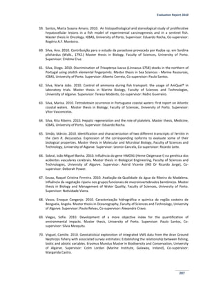 Evaluation Report 2010
287
59. Santos, Marta Susana Amaro. 2010. An histopathological and stereological study of proliferative
hepatocellular lesions in a fish model of experimental carcinogenesis and in a sentinel fish.
Master thesis in Oncology. ICBAS, University of Porto, Supervisor: Eduardo Rocha, Co-supervisor:
Rogério A.F. Monteiro.
60. Silva, Ana. 2010. Contribuição para o estudo da parasitose provocada por Kudoa sp. em Sardina
pilchardus (Walb., 1792.) Master thesis in Biology, Faculty of Sciences, University of Porto.
Supervisor: Cristina Cruz.
61. Silva, Diogo. 2010. Discrimination of Trisopterus luscus (Linnaeus 1758) stocks in the northern of
Portugal using otolith elemental fingerprints. Master thesis in Sea Sciences - Marine Resources,
ICBAS, University of Porto. Supervisor: Alberto Correia, Co-supervisor: Paulo Santos.
62. Silva, Maria João. 2010. Control of ammonia during fish transport: the usage of AmQuel® in
laboratory trials. Master thesis in Marine Biology, Faculty of Sciences and Technologies,
University of Algarve. Supervisor: Teresa Modesto, Co-supervisor: Pedro Guerreiro.
63. Silva, Marisa. 2010. Tetrodotoxin ocurrence in Portuguese coastal waters: first report on Atlantic
coastal waters. Master thesis in Biology, Faculty of Sciences, University of Porto. Supervisor:
Vítor Vasconcelos.
64. Silva, Rita Ribeiro. 2010. Hepatic regeneration and the role of platelets. Master thesis, Medicine,
ICBAS, University of Porto, Supervisor: Eduardo Rocha.
65. Simão, Márcio. 2010. Identification and characterization of two different transcripts of ferritin in
the clam R. Decussatus. Expression of the corresponding isoforms to evaluate some of their
biological properties. Master thesis in Molecular and Microbial Biology, Faculty of Sciences and
Technology, University of Algarve. Supervisor: Leonor Cancela, Co-supervisor: Ricardo Leite.
66. Sobral, João Miguel Banha. 2010. Influência do gene HMOX1 (Heme Oxigenase I) na genética dos
acidentes vasculares cerebrais. Master thesis in Biological Engineering, Faculty of Sciences and
Technologies, University of Algarve. Supervisor: Astrid Vicente (INS Dr Ricardo Jorge), Co-
supervisor: Deborah Power.
67. Sousa, Raquel Cristina Ferreira. 2010. Avaliação da Qualidade da água da Ribeira da Madalena.
Influência da vegetação riparia nos grupos funcionais de macroinvertebrados bentónicos. Master
thesis in Biology and Management of Water Quality, Faculty of Sciences, University of Porto.
Supervisor: Natividade Vieira.
68. Vasco, Enoque Canganjo. 2010. Caracterização hidrográfica e química da região costeira de
Benguela, Angola. Master thesis in Oceanography, Faculty of Sciences and Technology, University
of Algarve. Supervisor: Paulo Relvas, Co-supervisor: Alexandra Cravo.
69. Viegas, Sofia. 2010. Development of a more objective index for the quantification of
environmental impacts. Master thesis, University of Porto. Supervisor: Paulo Santos, Co-
supervisor: Sílvia Mesquita.
70. Voguel, Camille. 2010. Geostatistical exploration of integrated VMS data from the Aran Ground
Nephrops fishery with associated survey estimates: Establishing the relationship between fishing,
biotic and abiotic variables. Erasmus Mundus Master in Biodiversity and Conservation, University
of Algarve. Supervisor: Colm Lordan (Marine Institute, Galaway, Ireland), Co-supervisor:
Margarida Castro.
 