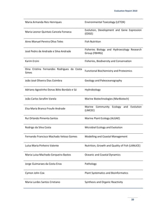 Evaluation Report 2010
39
Maria Armanda Reis Henriques Environmental Toxicology (LETOX)
Maria Leonor Quintais Cancela Fonseca
Evolution, Development and Gene Expression
(EDGE)
Aires Manuel Pereira Oliva Teles Fish Nutrition
José Pedro de Andrade e Silva Andrade
Fisheries Biology and Hydroecology Research
Group (FBHRG)
Karim Erzini Fisheries, Biodiversity and Conservation
Dina Cristina Fernandes Rodrigues da Costa
Simes
Functional Biochemistry and Proteomics
João José Oliveira Dias Coimbra Geology and Paleoceanography
Adriano Agostinho Donas Bôto Bordalo e Sá Hydrobiology
João Carlos Serafim Varela Marine Biotechnologies (MarBiotech)
Elsa Maria Branco Froufe Andrade
Marine Community Ecology and Evolution
(LMCEE)
Rui Orlando Pimenta Santos Marine Plant Ecology (ALGAE)
Rodrigo da Silva Costa Microbial Ecology and Evolution
Fernando Francisco Machado Veloso Gomes Modelling and Coastal Management
Luísa Maria Pinheiro Valente Nutrition, Growth and Quality of Fish (LANUCE)
Maria Luisa Machado Cerqueira Bastos Oceanic and Coastal Dynamics
Jorge Guimaraes da Costa Eiras Pathology
Cymon John Cox Plant Systematics and Bioinformatics
Maria Lurdes Santos Cristiano Synthesis and Organic Reactivity
 