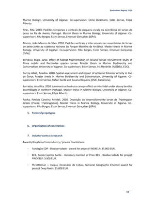 Evaluation Report 2010
59
Marine Biology, University of Algarve. Co-supervisors: Onno Diekmann, Ester Serrao, Filipe
Alberto.
Pires, Rita. 2010. Padrões temporais e verticais de pequena escala na ocorrência de larvas de
peixe na Ria de Aveiro, Portugal. Master thesis in Marine Biology, University of Algarve. Co-
supervisors: Rita Borges, Ester Serrao, Emanuel Gonçalves (ISPA).
Afonso, João Marcos da Silva. 2010. Padrões verticais e inter-anuais nas assembleias de larvas
de peixe junto ao substrato rochoso do Parque Marinho da Arrábida. Master thesis in Marine
Biology, University of Algarve. Co-supervisors: Rita Borges, Ester Serrao, Emanuel Gonçalves
(ISPA).
Berkovic, Buga. 2010. Effect of habitat fragmentation on bivalve larvae recruitment: study of
Pinna nobilis and Pectinidae species larvae. Master thesis in Marine Biodiversity and
Conservation, University of Algarve. Co-supervisors: Ester Serrao, Iris Hendriks (IMEDEA, CSIC).
Purroy Albet, Ariadna. 2010. Spatial assessment and impact of artisanal fisheries´activity in Cap
de Creus. Master thesis in Marine Biodiversity and Conservation, University of Algarve. Co-
supervisors: Ester Serrao, Rafael Sardá and Susana Requena (CSIC, Barcelona).
Barradas, Ana Rita. 2010. Laminaria ochroleuca canopy effect on intertidal under storey benthic
assemblages in northern Portugal. Master thesis in Marine Biology, University of Algarve. Co-
supervisors: Ester Serrao, Filipe Alberto.
Rocha, Patrícia Carolina Rendall. 2010. Descrição do desenvolvimento larvar de Tripterygion
delaisi (Pisces: Tripterygiidae). Master thesis in Marine Biology, University of Algarve. Co-
supervisors: Rita Borges, Ester Serrao, Emanuel Gonçalves (ISPA).
5. Patents/propotypes
6. Organization of conferences
7. Industry contract research
Awards/donations from industry / private foundations:
- Fundação EDP - Biodiversidade - award for project FINDKELP: 35.000 EUR.
- BES, Banco Espírito Santo - Honorary mention of Prize BES - Biodiversidade for project
FINDKELP: 3.000 EUR.
- Throttleman – Inaqua, Oceanário de Lisboa, National Geographic Channel award for
project Deep Reefs: 25.000 EUR.
 