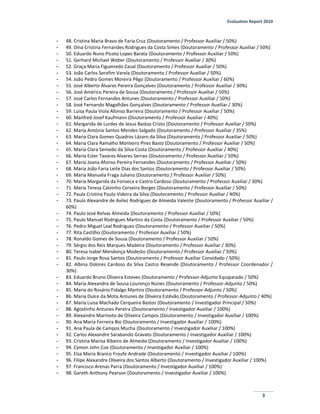 Evaluation Report 2010
3
- 48. Cristina Maria Bravo de Faria Cruz (Doutoramento / Professor Auxiliar / 50%)
- 49. Dina Cristina Fernandes Rodrigues da Costa Simes (Doutoramento / Professor Auxiliar / 50%)
- 50. Eduardo Nuno Picoto Lopes Barata (Doutoramento / Professor Auxiliar / 50%)
- 51. Gerhard Michael Weber (Doutoramento / Professor Auxiliar / 30%)
- 52. Graça Maria Figueiredo Casal (Doutoramento / Professor Auxiliar / 50%)
- 53. João Carlos Serafim Varela (Doutoramento / Professor Auxiliar / 50%)
- 54. João Pedro Gomes Moreira Pêgo (Doutoramento / Professor Auxiliar / 60%)
- 55. José Alberto Álvares Pereira Gonçalves (Doutoramento / Professor Auxiliar / 30%)
- 56. José Américo Pereira de Sousa (Doutoramento / Professor Auxiliar / 50%)
- 57. José Carlos Fernandes Antunes (Doutoramento / Professor Auxiliar / 50%)
- 58. José Fernando Magalhães Gonçalves (Doutoramento / Professor Auxiliar / 30%)
- 59. Luisa Paula Viola Afonso Barreira (Doutoramento / Professor Auxiliar / 50%)
- 60. Manfred Josef Kaufmann (Doutoramento / Professor Auxiliar / 40%)
- 61. Margarida de Lurdes de Jesus Bastos Cristo (Doutoramento / Professor Auxiliar / 50%)
- 62. Maria Antónia Santos Mendes Salgado (Doutoramento / Professor Auxiliar / 35%)
- 63. Maria Clara Gomes Quadros Lázaro da Silva (Doutoramento / Professor Auxiliar / 50%)
- 64. Maria Clara Ramalho Monteiro Pires Basto (Doutoramento / Professor Auxiliar / 50%)
- 65. Maria Clara Semedo da Silva Costa (Doutoramento / Professor Auxiliar / 40%)
- 66. Maria Ester Tavares Alvares Serrao (Doutoramento / Professor Auxiliar / 50%)
- 67. Maria Joana Afonso Pereira Fernandes (Doutoramento / Professor Auxiliar / 50%)
- 68. Maria João Faria Leite Dias dos Santos (Doutoramento / Professor Auxiliar / 50%)
- 69. Maria Manuela Fraga Juliano (Doutoramento / Professor Auxiliar / 50%)
- 70. Maria Margarida da Fonseca e Castro Cardoso (Doutoramento / Professor Auxiliar / 30%)
- 71. Maria Teresa Calvinho Cerveira Borges (Doutoramento / Professor Auxiliar / 50%)
- 72. Paula Cristina Paulo Videira da Silva (Doutoramento / Professor Auxiliar / 40%)
- 73. Paulo Alexandre de Avilez Rodrigues de Almeida Valente (Doutoramento / Professor Auxiliar /
60%)
- 74. Paulo José Relvas Almeida (Doutoramento / Professor Auxiliar / 50%)
- 75. Paulo Manuel Rodrigues Martins da Costa (Doutoramento / Professor Auxiliar / 50%)
- 76. Pedro Miguel Leal Rodrigues (Doutoramento / Professor Auxiliar / 50%)
- 77. Rita Castilho (Doutoramento / Professor Auxiliar / 50%)
- 78. Ronaldo Gomes de Sousa (Doutoramento / Professor Auxiliar / 50%)
- 79. Sérgio dos Reis Marques Madeira (Doutoramento / Professor Auxiliar / 30%)
- 80. Teresa Isabel Mendonça Modesto (Doutoramento / Professor Auxiliar / 50%)
- 81. Paulo Jorge Rosa Santos (Doutoramento / Professor Auxiliar Convidado / 50%)
- 82. Albina Dolores Cardoso da Silva Castro Resende (Doutoramento / Professor Coordenador /
30%)
- 83. Eduardo Bruno Oliveira Esteves (Doutoramento / Professor-Adjunto Equiparado / 50%)
- 84. Maria Alexandra de Sousa Lourenço Nunes (Doutoramento / Professor-Adjunto / 50%)
- 85. Maria do Rosário Fidalgo Martins (Doutoramento / Professor-Adjunto / 50%)
- 86. Maria Dulce da Mota Antunes de Oliveira Estêvão (Doutoramento / Professor-Adjunto / 40%)
- 87. Maria Luisa Machado Cerqueira Bastos (Doutoramento / Investigador Principal / 50%)
- 88. Agostinho Antunes Pereira (Doutoramento / Investigador Auxiliar / 100%)
- 89. Alexandre Marmoto de Oliveira Campos (Doutoramento / Investigador Auxiliar / 100%)
- 90. Ana Maria Ferreira Bio (Doutoramento / Investigador Auxiliar / 100%)
- 91. Ana Paula de Campos Mucha (Doutoramento / Investigador Auxiliar / 100%)
- 92. Carlos Alexandre Sarabando Gravato (Doutoramento / Investigador Auxiliar / 100%)
- 93. Cristina Marisa Ribeiro de Almeida (Doutoramento / Investigador Auxiliar / 100%)
- 94. Cymon John Cox (Doutoramento / Investigador Auxiliar / 100%)
- 95. Elsa Maria Branco Froufe Andrade (Doutoramento / Investigador Auxiliar / 100%)
- 96. Filipe Alexandre Oliveira dos Santos Alberto (Doutoramento / Investigador Auxiliar / 100%)
- 97. Francisco Arenas Parra (Doutoramento / Investigador Auxiliar / 100%)
- 98. Gareth Anthony Pearson (Doutoramento / Investigador Auxiliar / 100%)
 