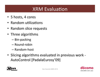 XRM	
  EvaluaCon	
  
•    5	
  hosts,	
  4	
  cores	
  
•    Random	
  uClizaCons	
  
•    Random	
  slice	
  requests	
  
•    Three	
  algorithms	
  
     –  Bin-­‐packing	
  
     –  Round-­‐robin	
  
     –  Random-­‐host	
  
•  Slicing	
  algorithms	
  evaluated	
  in	
  previous	
  work	
  -­‐	
  
   AutoControl	
  [PadalaEurosy’09]	
  

                                Xen Summit AMD 2010
 