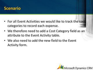 Scenario

• For all Event Activities we would like to track the cost
  categories to record each expense.
• We therefore need to add a Cost Category field as an
  attribute to the Event Activity table.
• We also need to add the new field to the Event
  Activity form.
 