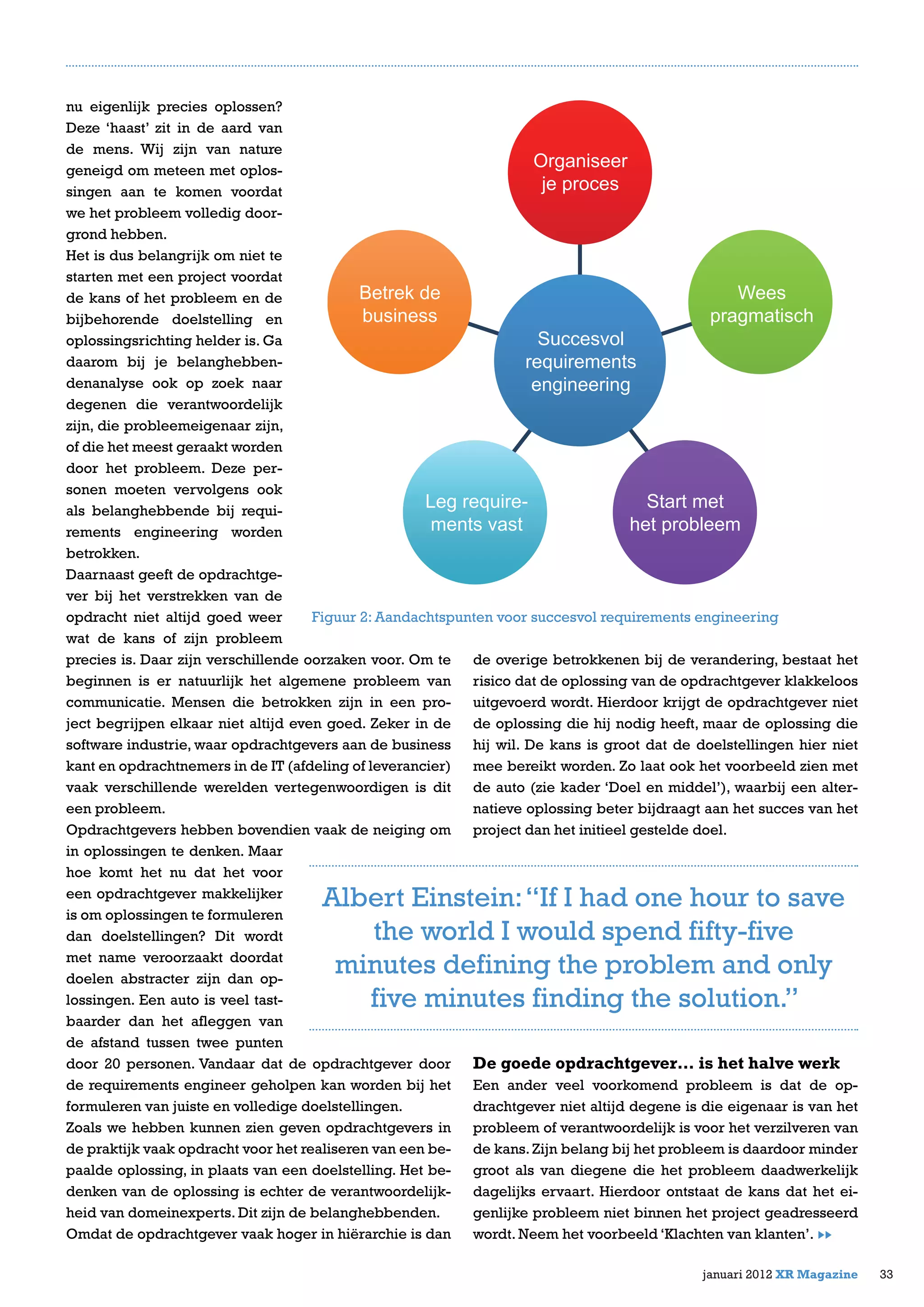de overige betrokkenen bij de verandering, bestaat het
risico dat de oplossing van de opdrachtgever klakkeloos
uitgevoerd wordt. Hierdoor krijgt de opdrachtgever niet
de oplossing die hij nodig heeft, maar de oplossing die
hij wil. De kans is groot dat de doelstellingen hier niet
mee bereikt worden. Zo laat ook het voorbeeld zien met
de auto (zie kader ‘Doel en middel’), waarbij een alter-
natieve oplossing beter bijdraagt aan het succes van het
project dan het initieel gestelde doel.
De goede opdrachtgever… is het halve werk
Een ander veel voorkomend probleem is dat de op-
drachtgever niet altijd degene is die eigenaar is van het
probleem of verantwoordelijk is voor het verzilveren van
de kans.Zijn belang bij het probleem is daardoor minder
groot als van diegene die het probleem daadwerkelijk
dagelijks ervaart. Hierdoor ontstaat de kans dat het ei-
genlijke probleem niet binnen het project geadresseerd
wordt. Neem het voorbeeld ‘Klachten van klanten’.
nu eigenlijk precies oplossen?
Deze ‘haast’ zit in de aard van
de mens. Wij zijn van nature
geneigd om meteen met oplos-
singen aan te komen voordat
we het probleem volledig door-
grond hebben.
Het is dus belangrijk om niet te
starten met een project voordat
de kans of het probleem en de
bijbehorende doelstelling en
oplossingsrichting helder is. Ga
daarom bij je belanghebben-
denanalyse ook op zoek naar
degenen die verantwoordelijk
zijn, die probleemeigenaar zijn,
of die het meest geraakt worden
door het probleem. Deze per-
sonen moeten vervolgens ook
als belanghebbende bij requi-
rements engineering worden
betrokken.
Daarnaast geeft de opdrachtge-
ver bij het verstrekken van de
opdracht niet altijd goed weer
wat de kans of zijn probleem
precies is. Daar zijn verschillende oorzaken voor. Om te
beginnen is er natuurlijk het algemene probleem van
communicatie. Mensen die betrokken zijn in een pro-
ject begrijpen elkaar niet altijd even goed. Zeker in de
software industrie, waar opdrachtgevers aan de business
kant en opdrachtnemers in de IT (afdeling of leverancier)
vaak verschillende werelden vertegenwoordigen is dit
een probleem.
Opdrachtgevers hebben bovendien vaak de neiging om
in oplossingen te denken. Maar
hoe komt het nu dat het voor
een opdrachtgever makkelijker
is om oplossingen te formuleren
dan doelstellingen? Dit wordt
met name veroorzaakt doordat
doelen abstracter zijn dan op-
lossingen. Een auto is veel tast-
baarder dan het afleggen van
de afstand tussen twee punten
door 20 personen. Vandaar dat de opdrachtgever door
de requirements engineer geholpen kan worden bij het
formuleren van juiste en volledige doelstellingen.
Zoals we hebben kunnen zien geven opdrachtgevers in
de praktijk vaak opdracht voor het realiseren van een be-
paalde oplossing, in plaats van een doelstelling. Het be-
denken van de oplossing is echter de verantwoordelijk-
heid van domeinexperts. Dit zijn de belanghebbenden.
Omdat de opdrachtgever vaak hoger in hiërarchie is dan
33januari 2012 XR Magazine
Figuur 2: Aandachtspunten voor succesvol requirements engineering
Albert Einstein:“If I had one hour to save
the world I would spend fifty-five
minutes defining the problem and only
five minutes finding the solution.”
Organiseer
je proces
Leg require-
ments vast
Start met
het probleem
Wees
pragmatisch
Betrek de
business
Succesvol
requirements
engineering
 