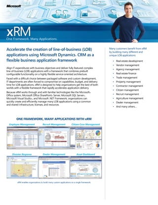 M




xRM
One Framework. Many Applications.


accelerate	the	creation	of	line-of-business	(lob)	                                              Many customers benefit from xRM
                                                                                                by building many different and
applications	using	microsoft	Dynamics 	cRm	as	a	                          ®                     unique LOB applications:

flexible	business	application	framework	                                                          • Real estate development
                                                                                                  • Vendor management
Align IT expenditures with business objectives and deliver fully featured complex                 • Agency management
line-of-business (LOB) applications with a framework that combines prebuilt
configurable functionality on a highly flexible service-oriented architecture.                    • Real estate finance
Faced with a difficult choice between packaged software and custom development,                   • Trade management
IT departments are often forced to compromise on capabilities, budget, and delivery               • Property management
time for LOB applications. xRM is designed to help organizations get the best of both             • Contractor management
worlds with a flexible framework that rapidly accelerates application delivery.
                                                                                                  • Citizen management
Because xRM works through and with familiar technologies like the Microsoft®
Office system, Microsoft Office SharePoint® Server, Microsoft SQL Server®,                        • Recruit management
Microsoft Visual Studio®, and Microsoft .NET Framework, organizations can                         • Agriculture management
quickly create and efficiently manage many LOB applications using a common                        • Dealer management
and shared infrastructure, licenses, and resources.
                                                                                                  • And many others…



         ONE FRAMEWORK, MANy ApplicAtiONS With xRM
  Employee Management                 Recruit Management              Citizen Case Management




     Disaster Response                Dealer Management                       Asset Dashboard




          xRM enables organizations to build many custom applications on a single framework.
 