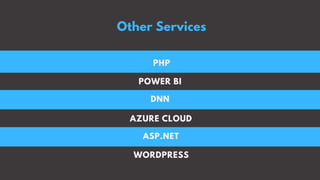 Other Services
PHP
POWER BI
DNN
AZURE CLOUD
ASP.NET
WORDPRESS
 