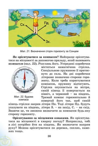 30
Мал. 21. Визначення сторін горизонту за Сонцем
Як орієнтуватися за компасом? Найкраще орієнтува-
тися на місцевості за допомогою приладу, який називають
компасом (мал. 22). Розглянь його. Усередині ко­робочки
міститься намагнічена стрілка.
Спеціальною пружиною її притис-
нуто до скла. На дні коробочки
літерами позначено сторони гори-
зонту. Коли треба користуватися
компасом, пружину відтягують.
Стрілка опускається на вістря,
синій кінець її повертається на
північ, а червоний  – на південь.
Тримай компас горизонтально й
повертай його так, щоб синій
кінець стрілки закрив літери Пн. Тоді літери Пд. будуть
указувати на південь, літера З. – на захід, С. – на схід.
Знаючи це, ти зможеш визначити за компасом будь-яку
сторону горизонту.
Орієнтування за місцевими ознаками. Як орієнтува-
тися на місцевості в хмарну погоду? Наприклад, тобі
в лісі потрібно йти на південь. Як визначити напрям
руху? Можна орієнтуватися по деревах, скелях, каме-
нях тощо.
Мал. 22. Будова
компаса
 
