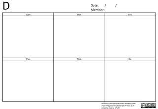 D Date: / / 
Member: 
Gain Hear See 
Pain Think Do 
Healthcare Hackathon Business Model Canvas. 
Inspired by Business Model Generation and 
empathy map by XPLAIN 
 